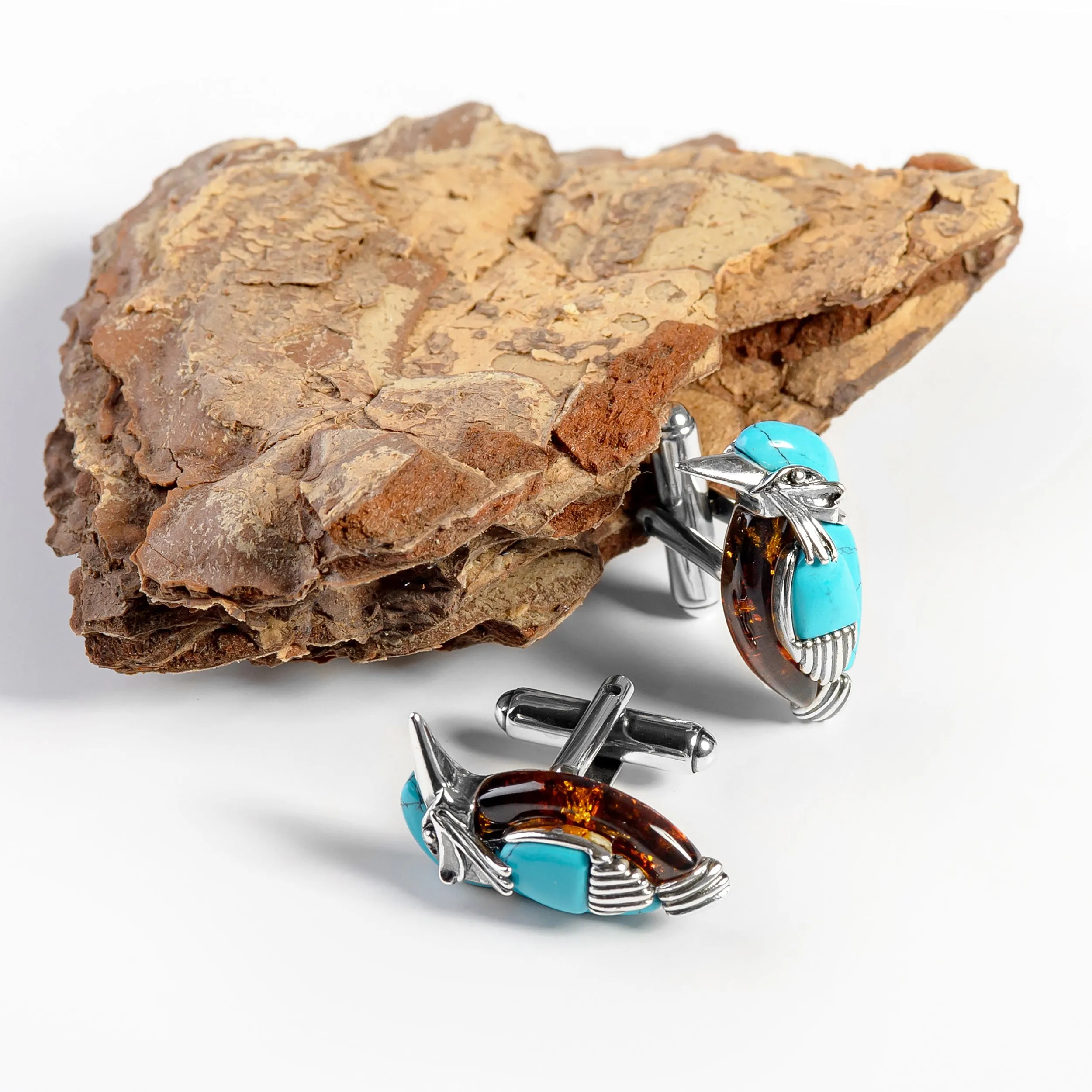 Kingfisher Bird Cufflinks in Silver, Turquoise and Amber sold by Henryka product image thumbnail 5