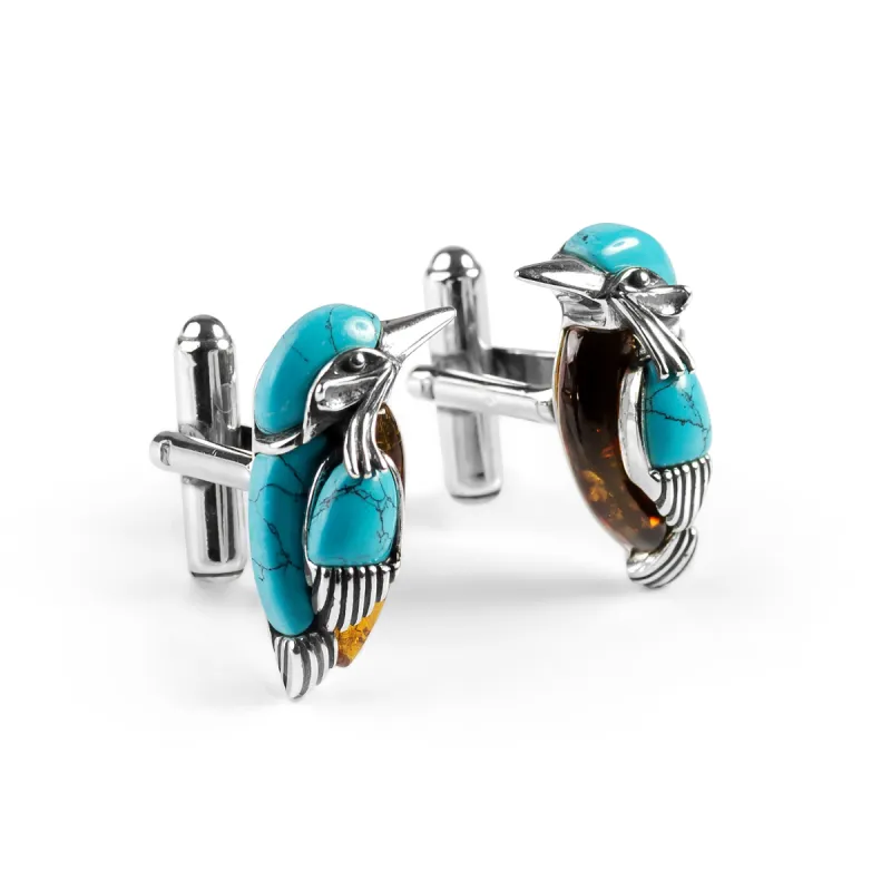 Kingfisher Bird Cufflinks in Silver, Turquoise and Amber sold by Henryka