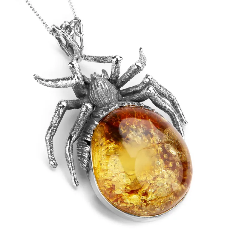 Fabulous Handmade Spider Necklace in Silver and Natural Amber sold by Henryka