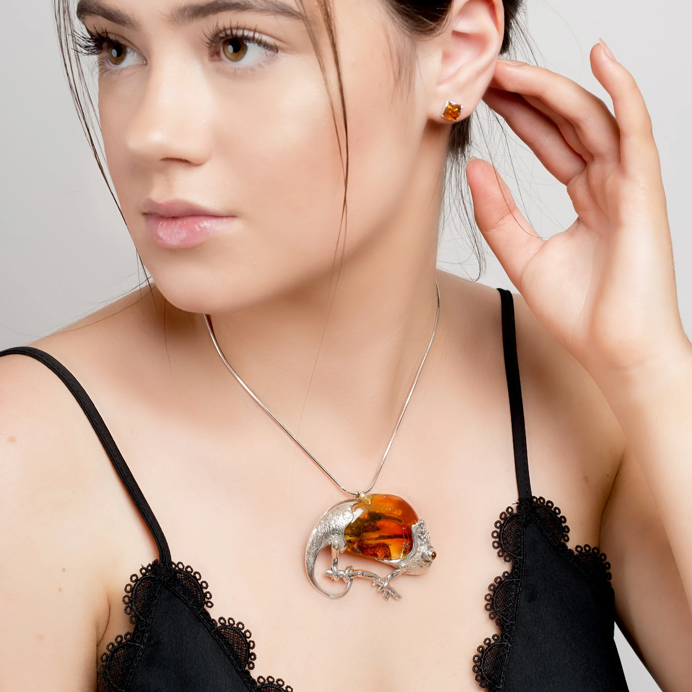 Handmade Statement Chameleon Necklace in Silver and Amber sold by Henryka product image thumbnail 3