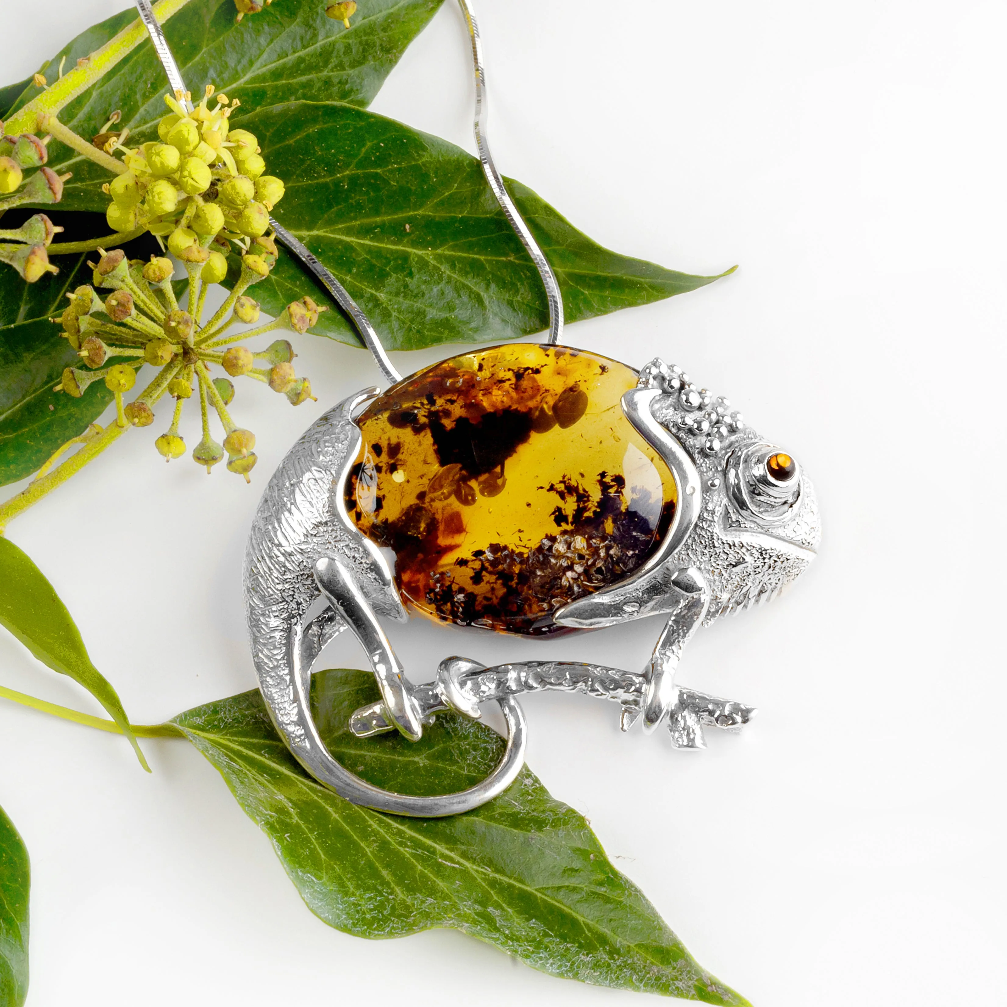 Handmade Statement Chameleon Necklace in Silver and Amber sold by Henryka product image thumbnail 4