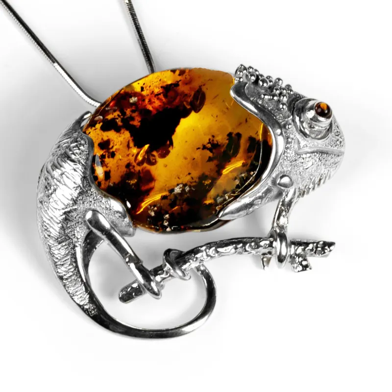 Handmade Statement Chameleon Necklace in Silver and Amber sold by Henryka