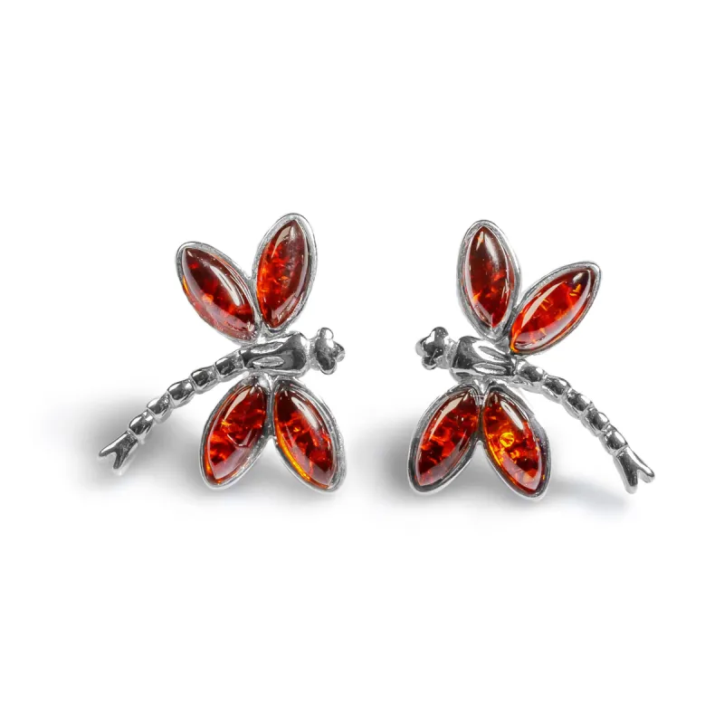 Pointed Dragonfly Stud Earrings in Silver and Amber sold by Henryka
