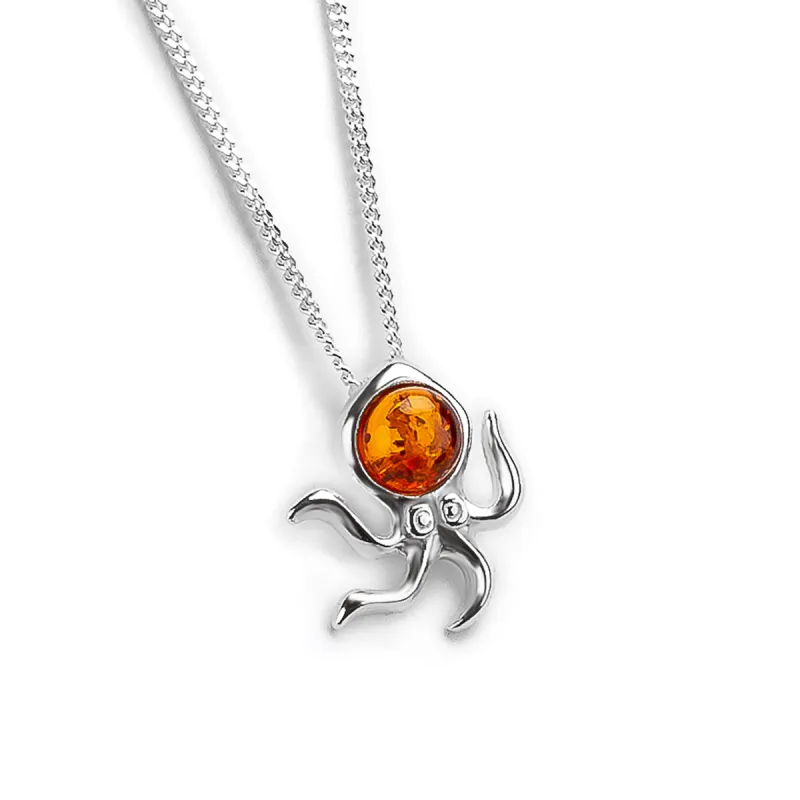 Miniature Octopus Necklace in Silver and Amber sold by Henryka