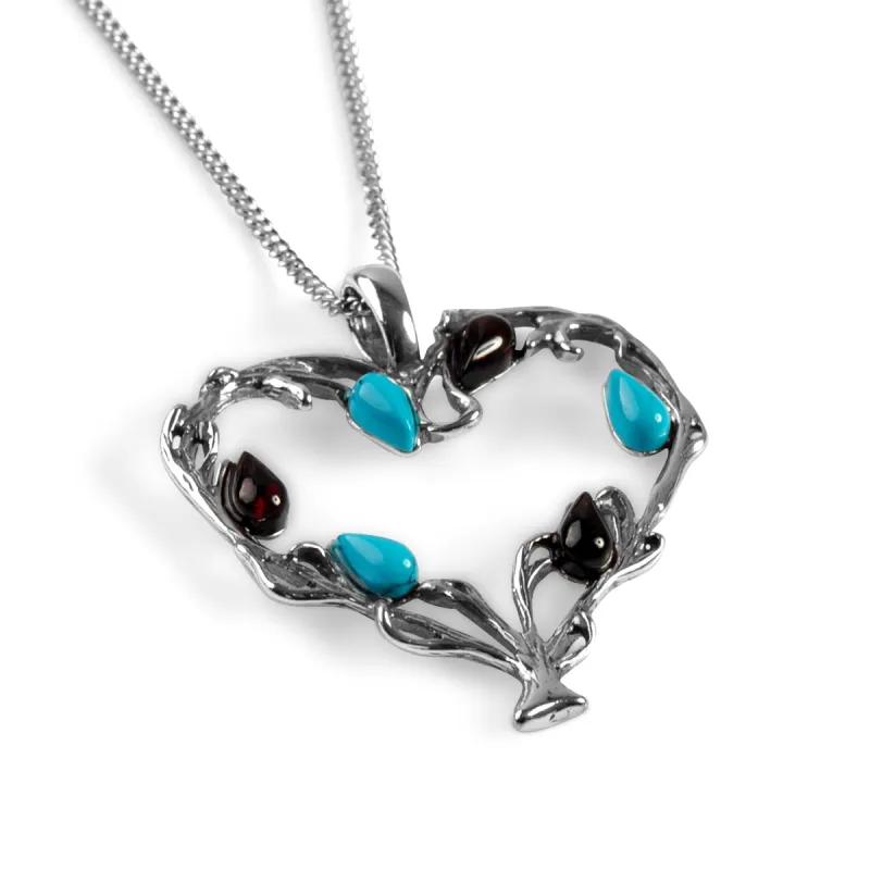 Tree of Love Heart Necklace in Silver, Turquoise and Cherry Amber sold by Henryka