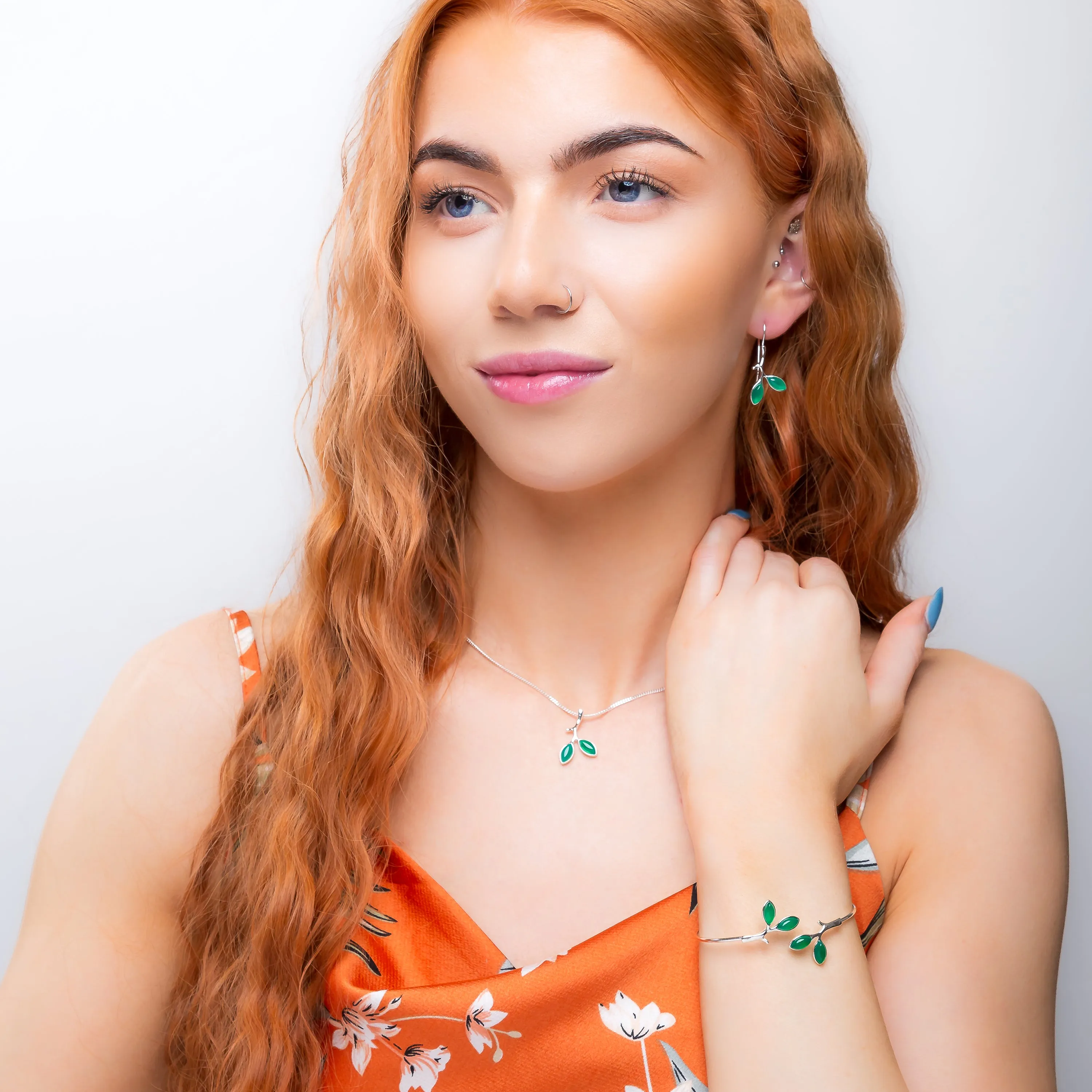 Simple Olive Leaf Branch Bangle in Silver and Green Onyx sold by Henryka product image thumbnail 4