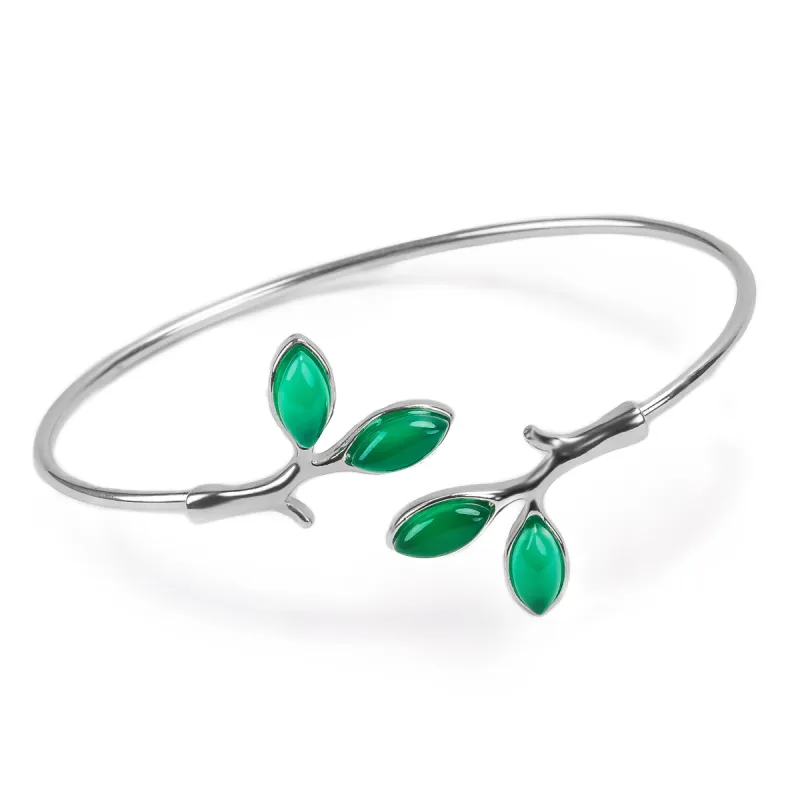 Simple Olive Leaf Branch Bangle in Silver and Green Onyx sold by Henryka