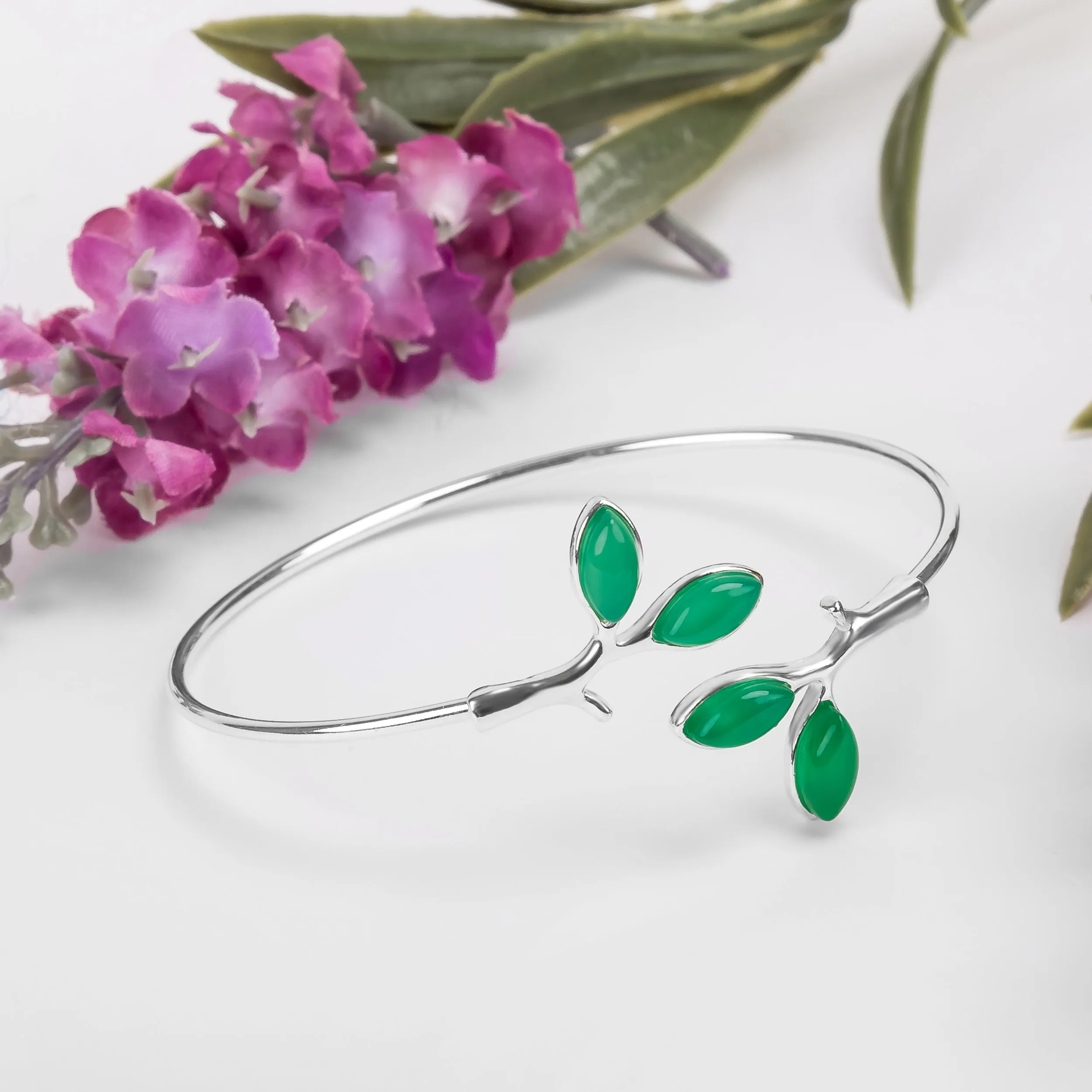 Simple Olive Leaf Branch Bangle in Silver and Green Onyx sold by Henryka product image thumbnail 5