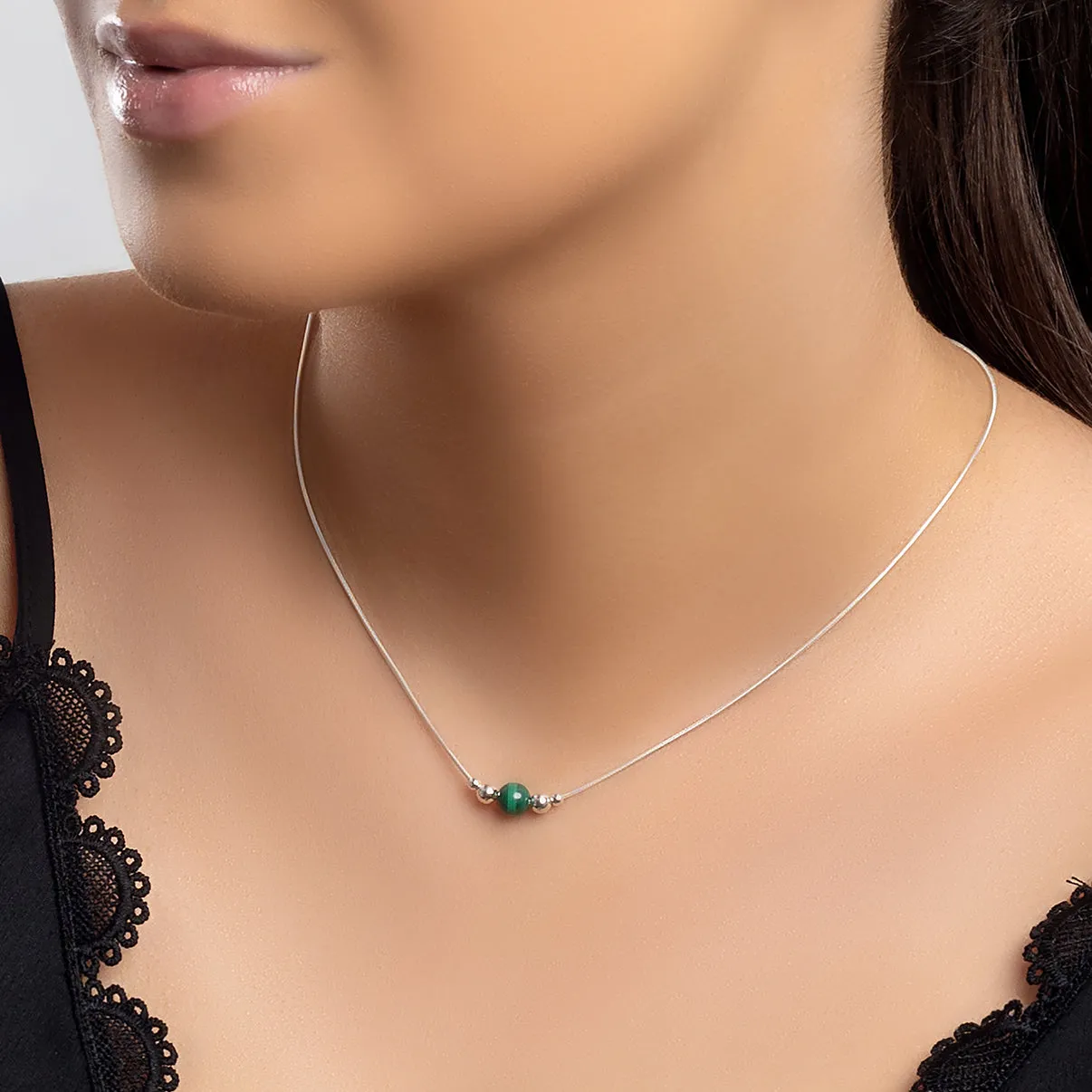 Delicate Single Stone Necklace in Silver and Malachite sold by Henryka product image thumbnail 2