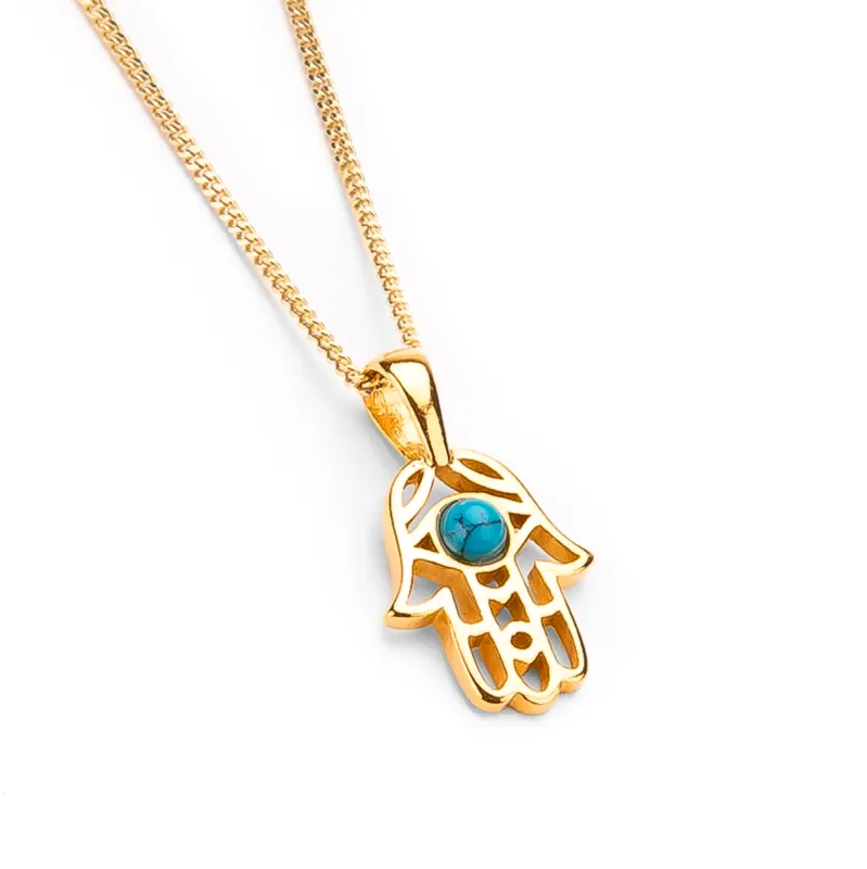 Miniature Hamsa Hand Necklace in Silver with 24ct Gold & Turquoise sold by Henryka