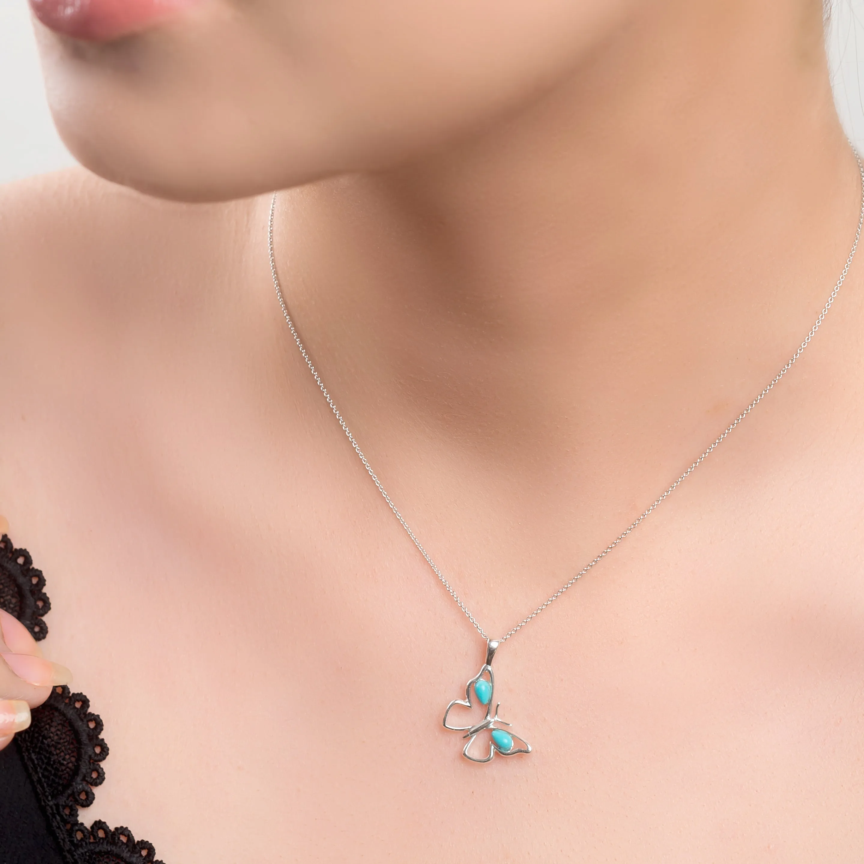 Small Butterfly Necklace in Silver and Turquoise sold by Henryka product image thumbnail 3