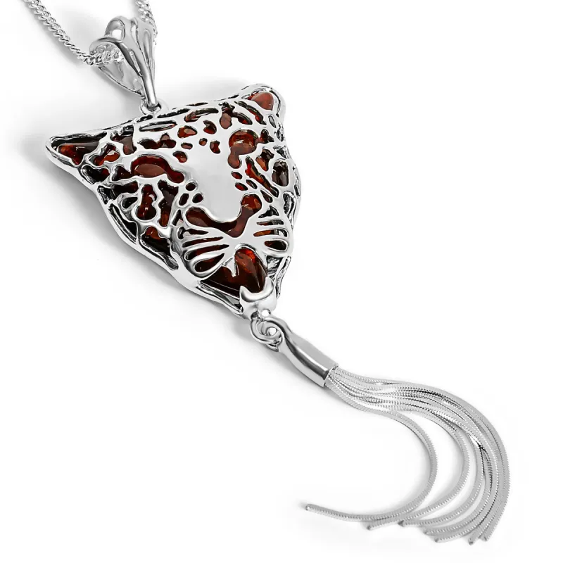 Magnificent Leopard Head Necklace in Silver and Amber sold by Henryka