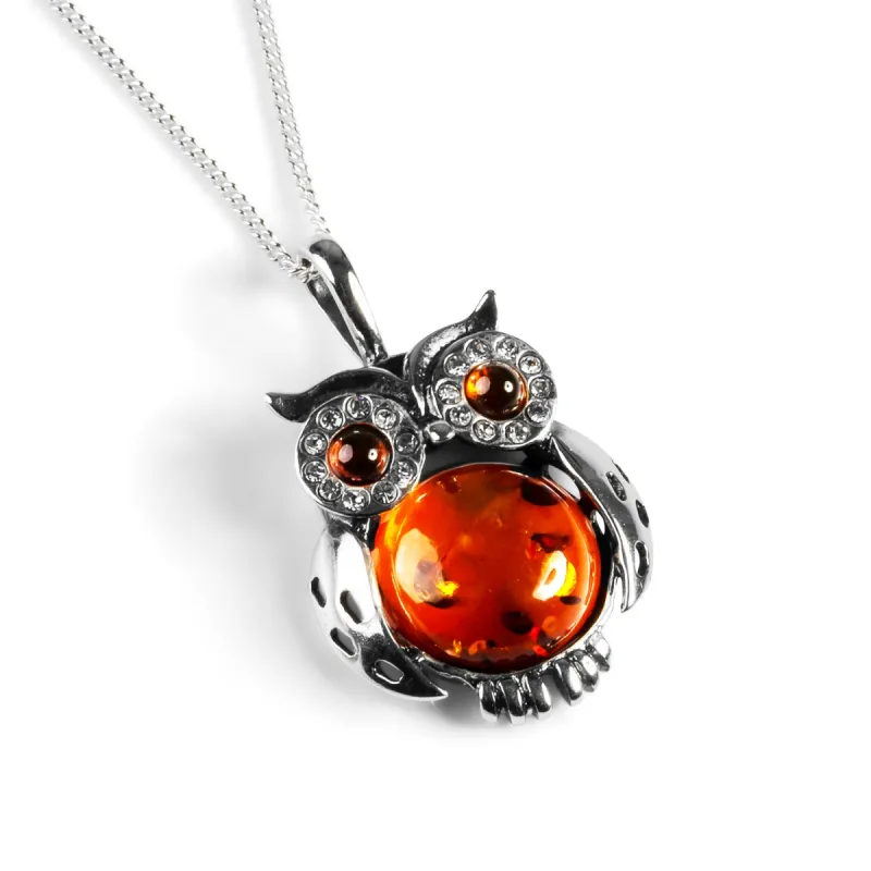 Sparkling Eyed Owl Necklace in Silver and Cognac Amber sold by Henryka