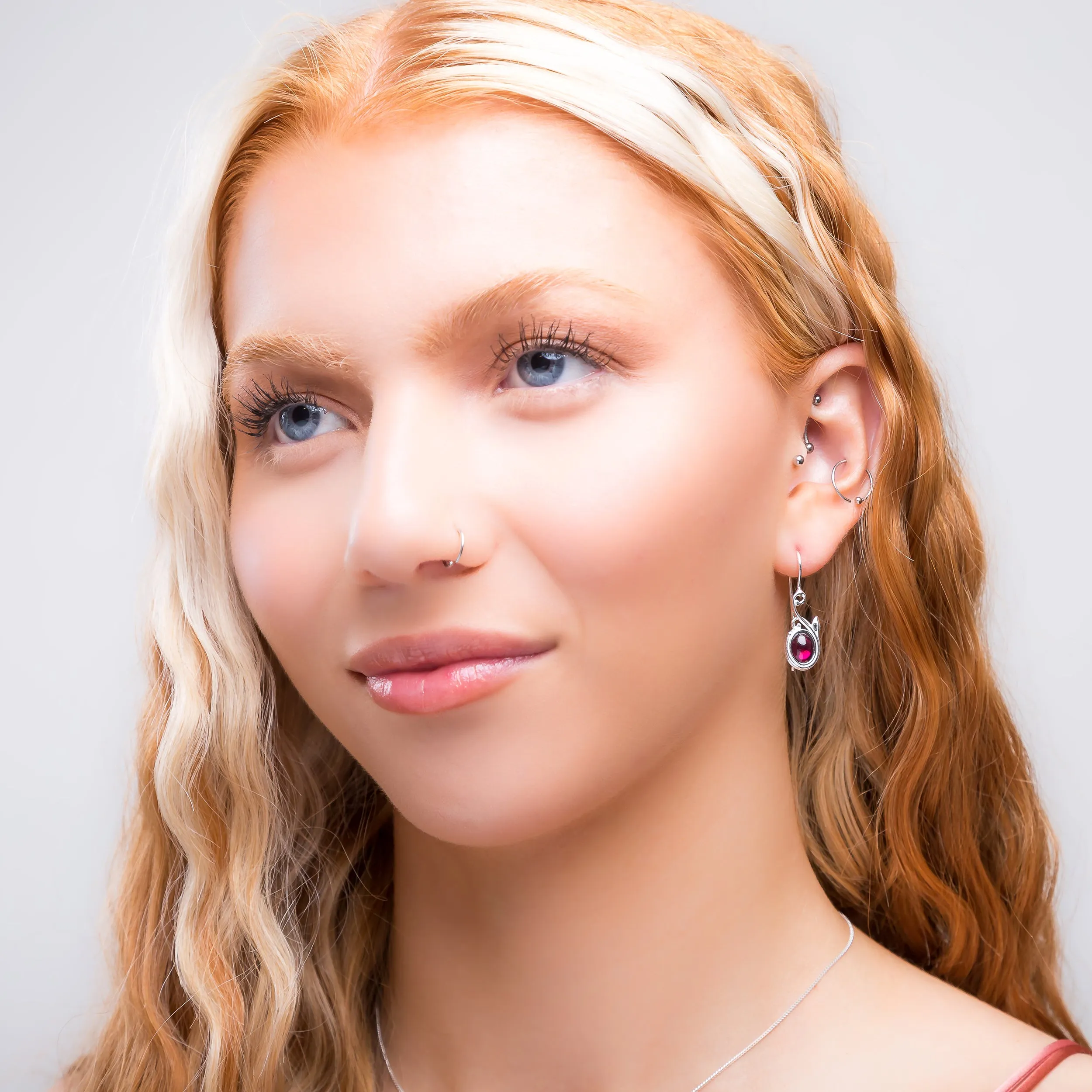 Leaf Motif Hook Earrings in Silver & Garnet sold by Henryka product image thumbnail 4