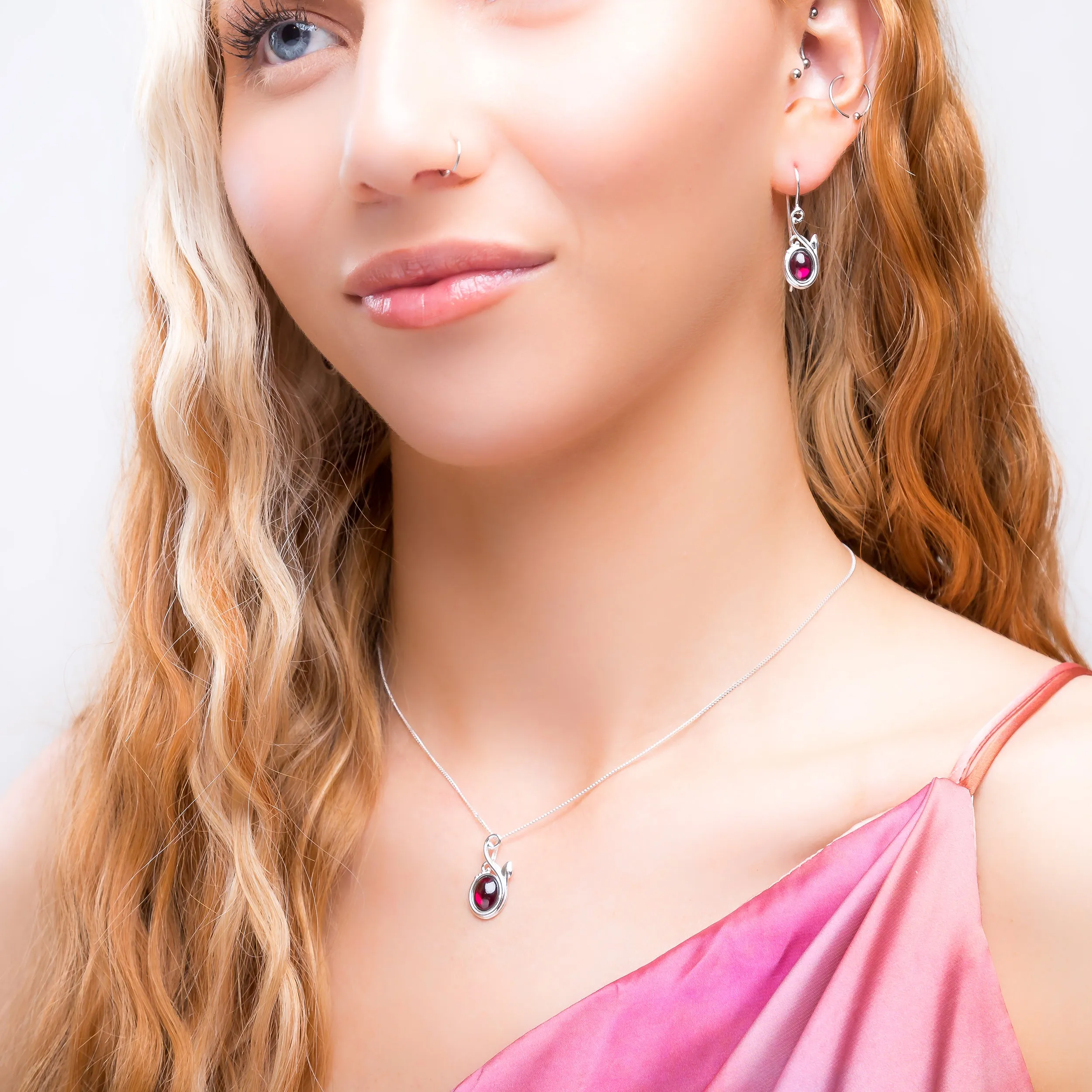 Leaf Motif Hook Earrings in Silver & Garnet sold by Henryka product image thumbnail 3