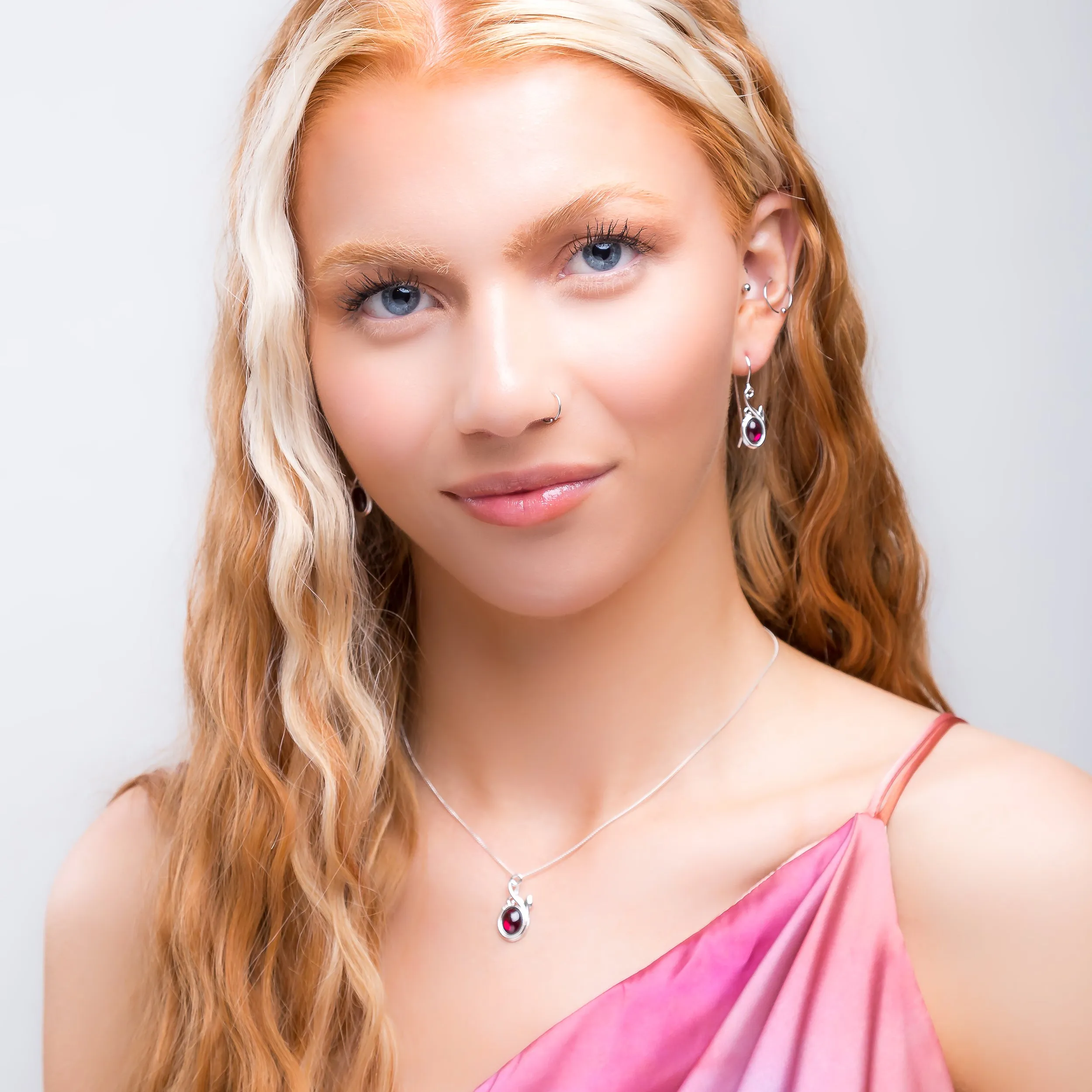 Leaf Motif Hook Earrings in Silver & Garnet sold by Henryka product image thumbnail 5