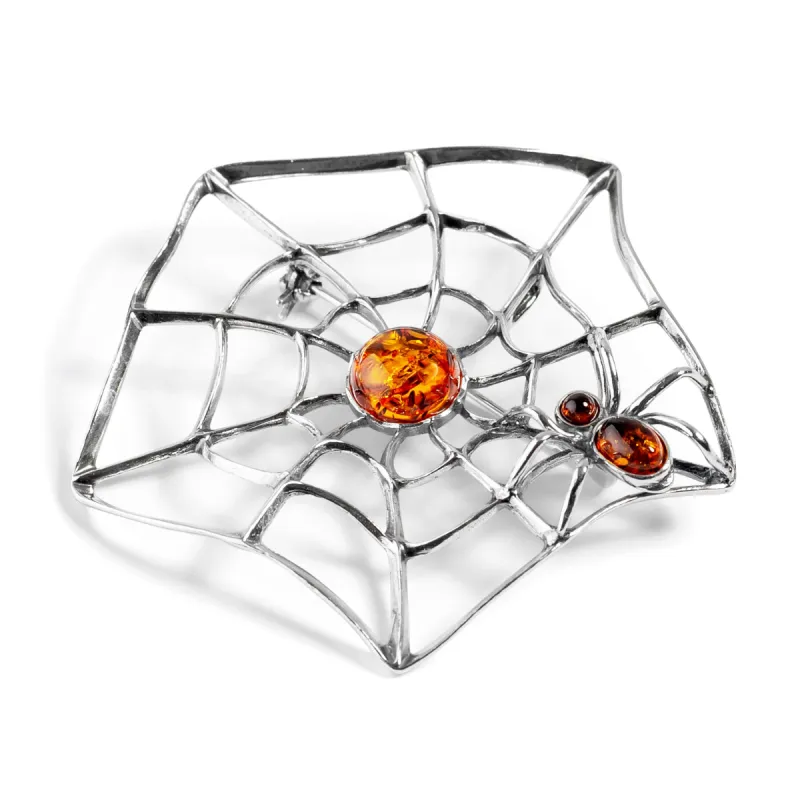 Spider on Web Brooch in Silver and Amber sold by Henryka