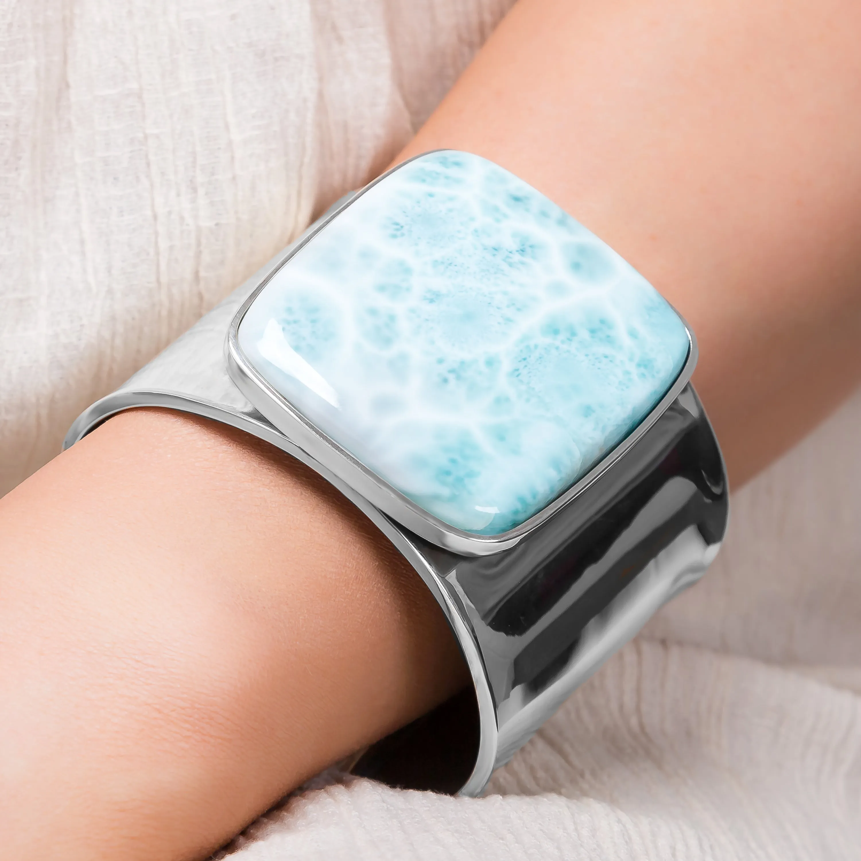 Contemporary Statement Bangle in Silver and Larimar sold by Henryka product image thumbnail 2