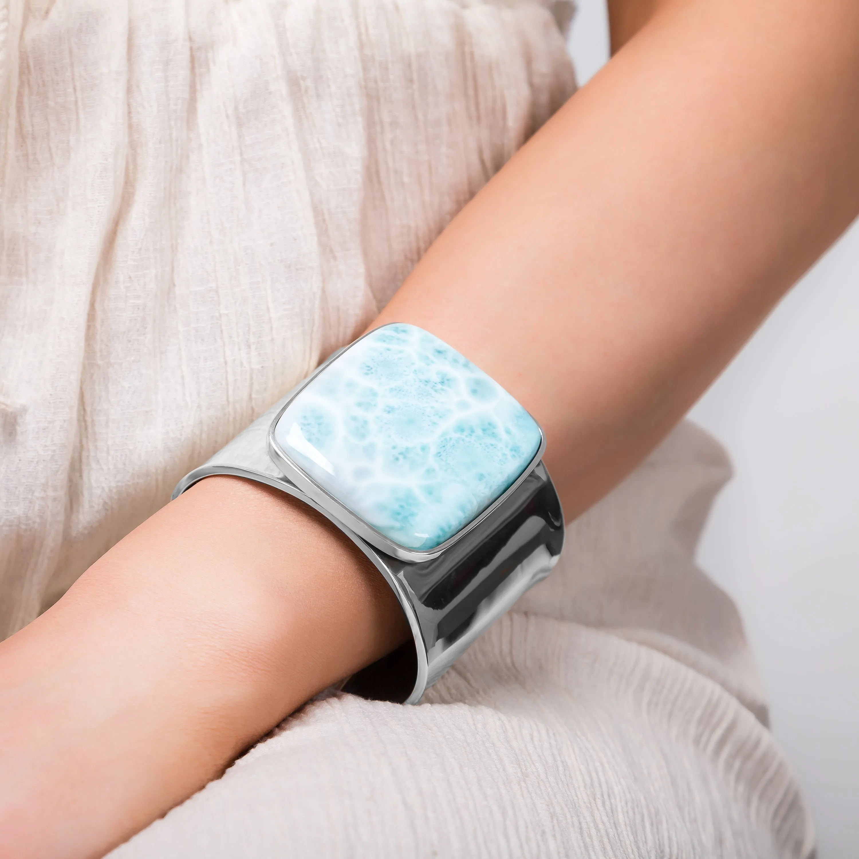 Contemporary Statement Bangle in Silver and Larimar sold by Henryka product image thumbnail 3