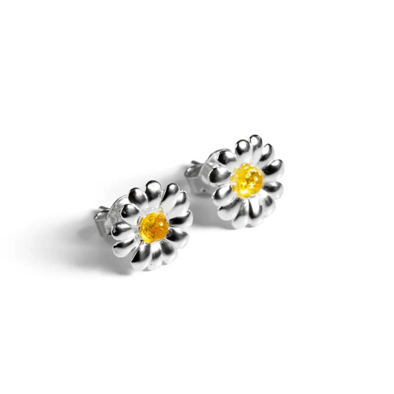 Daisy Stud Earrings in Silver and Yellow Amber sold by Henryka