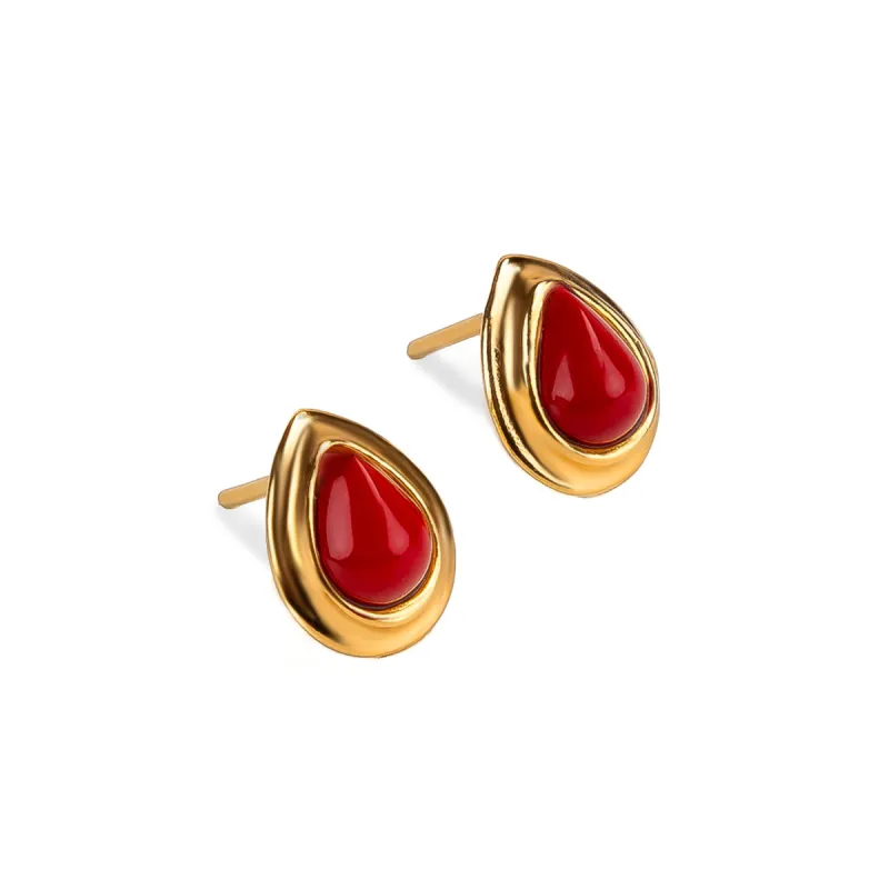 Classic Teardrop Stud Earrings in Silver with 24ct Gold and Coral sold by Henryka