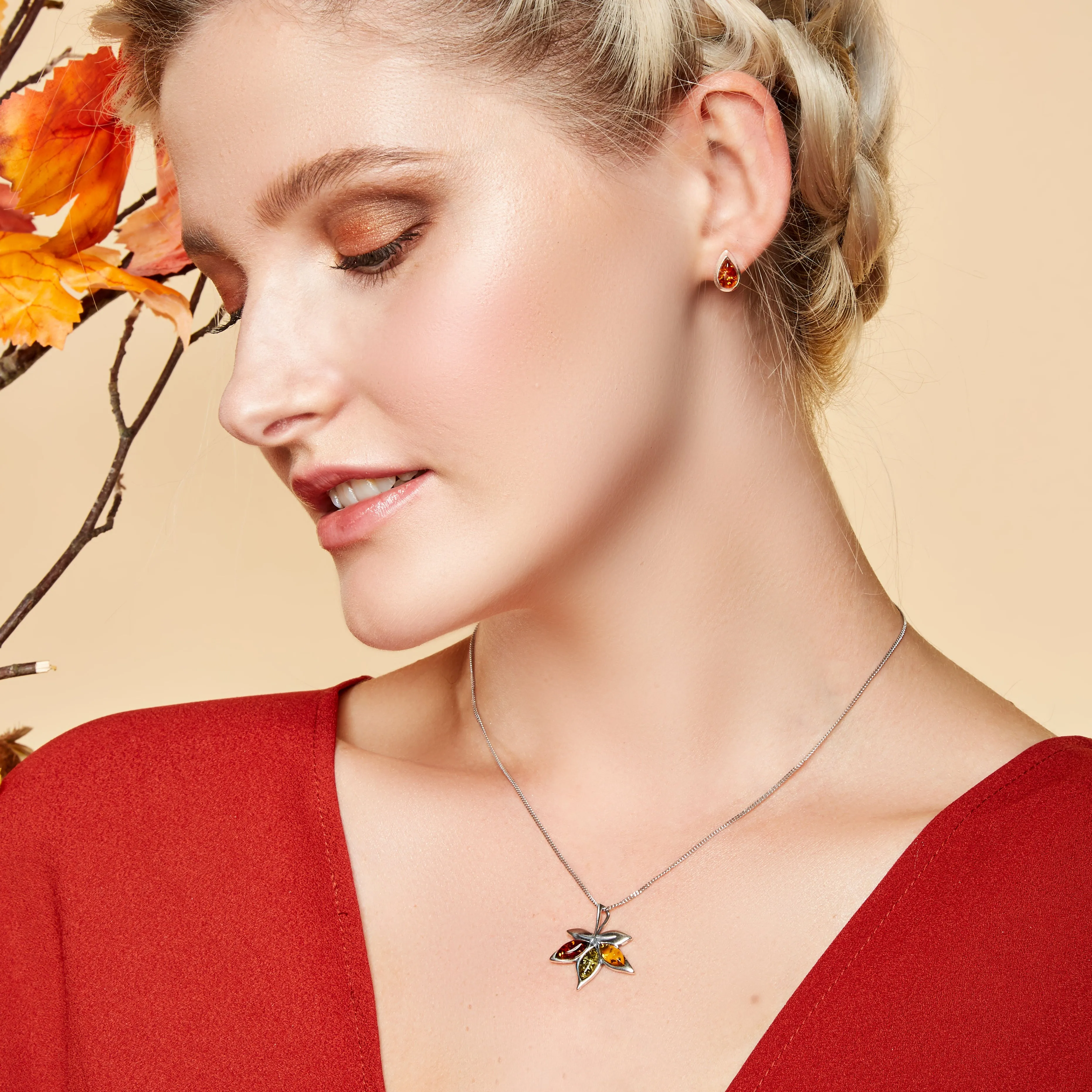 Autumn Maple Leaf Necklace in Silver and Amber sold by Henryka product image thumbnail 2