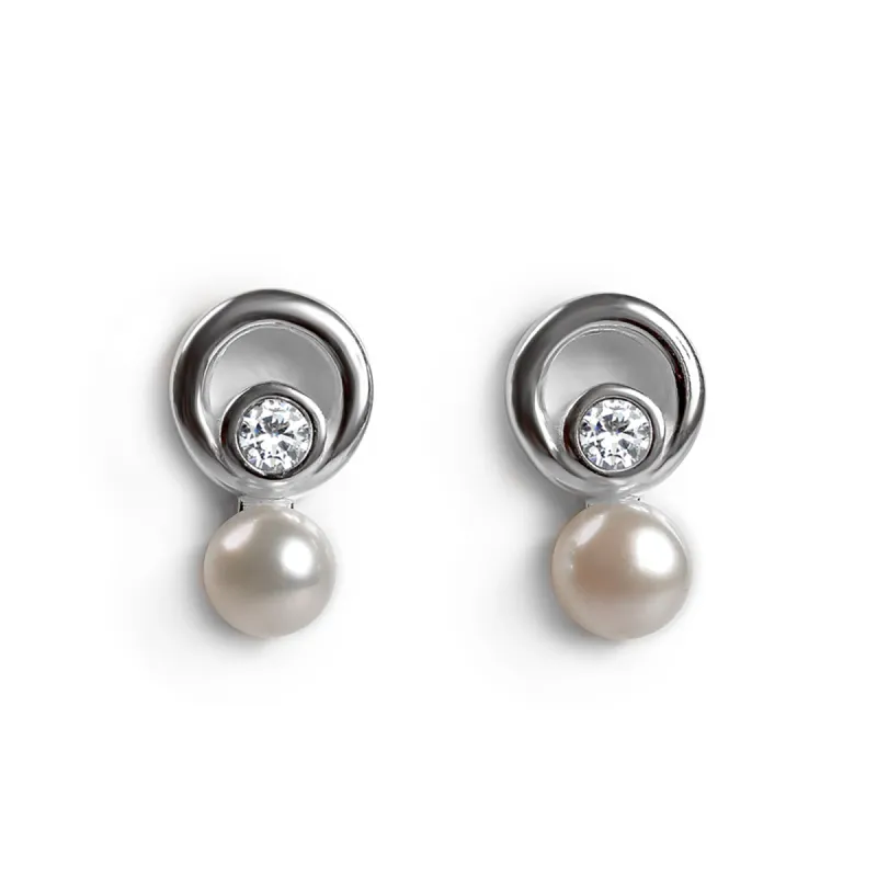 Sparkling Circle Drop Stud Earrings in Silver and Pearl sold by Henryka