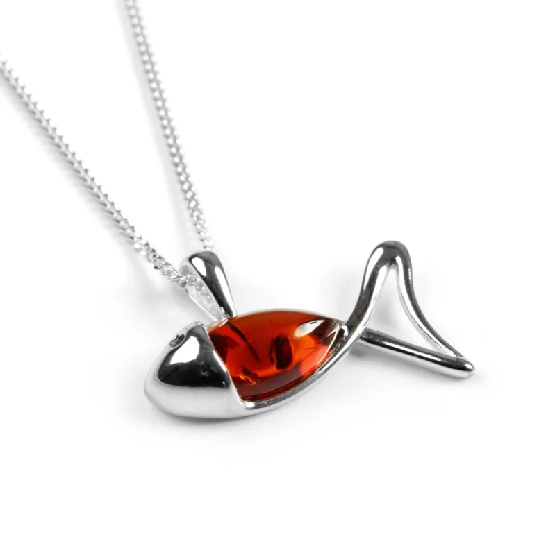 Little Fish / Ichthys Fish Necklace in Silver and Amber sold by Henryka