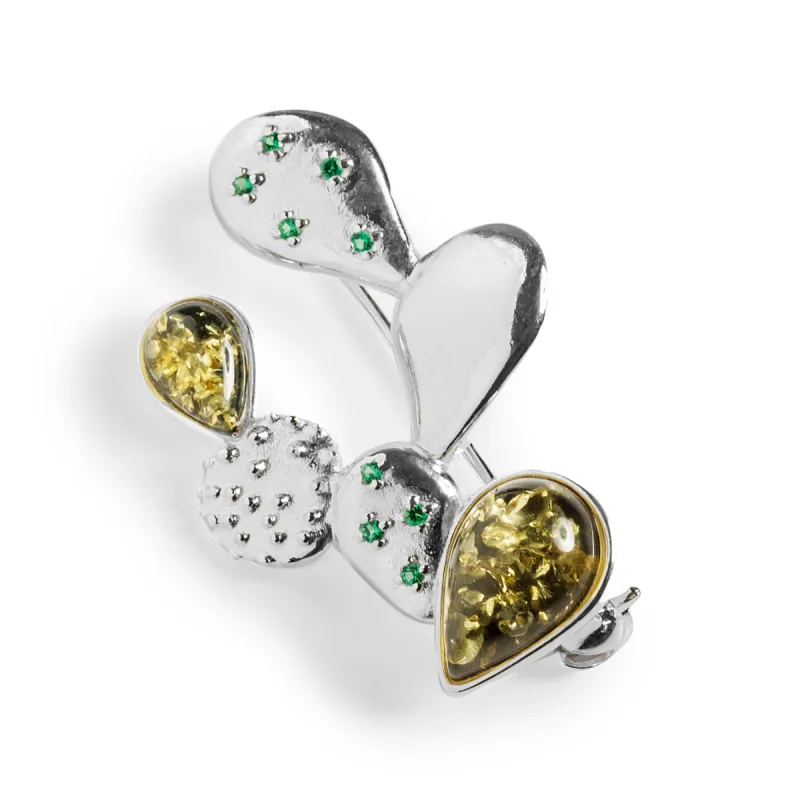 Cactus Brooch in Silver and Green Amber made by Henryka