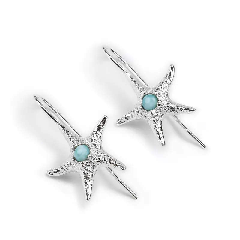 Starfish Hook Earrings in Silver & Larimar sold by Henryka