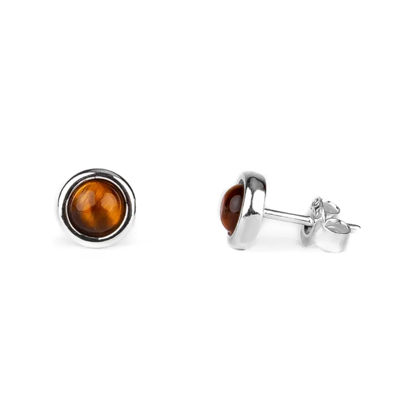 Small Round Stud Earrings in Silver and Tiger's Eye sold by Henryka