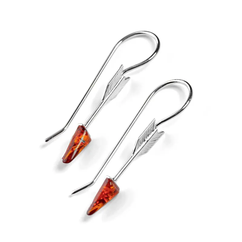 Arrow Drop Earrings in Silver and Cognac Amber sold by Henryka