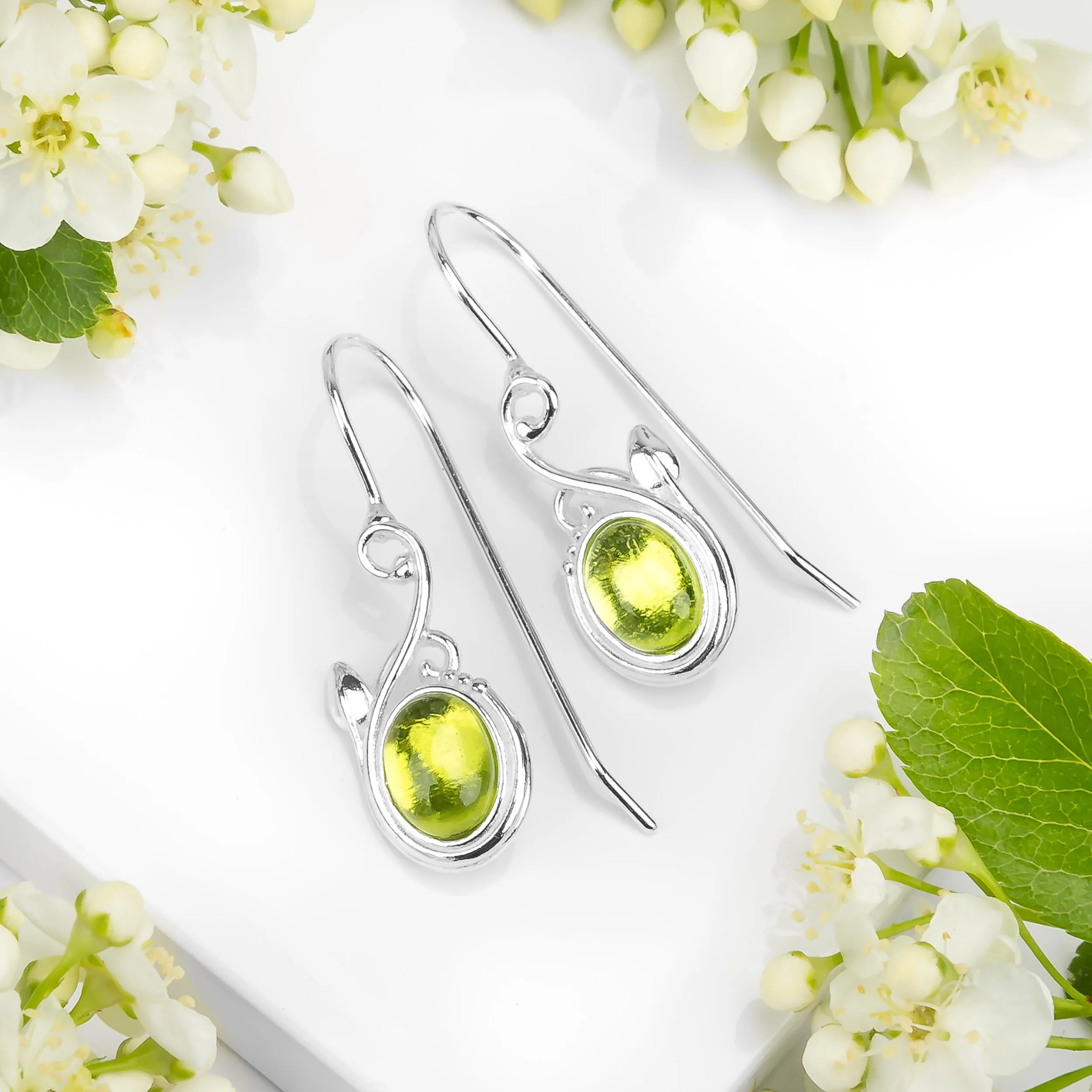 Leaf Motif Hook Earrings in Silver & Peridot sold by Henryka product image thumbnail 5