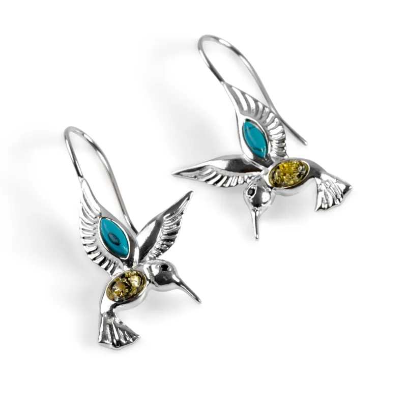 Hummingbird Hook Earrings in Silver, Green Amber and Turquoise sold by Henryka