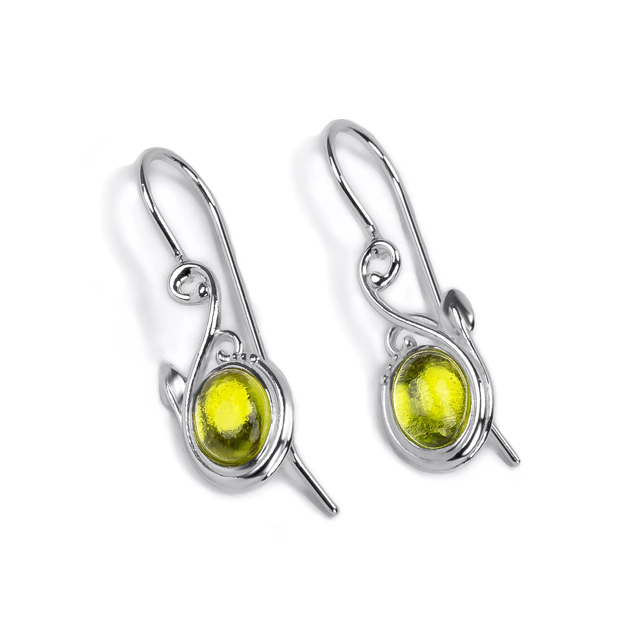 Leaf Motif Hook Earrings in Silver & Peridot sold by Henryka