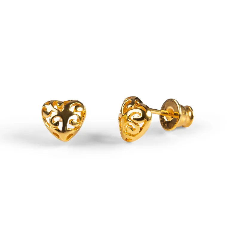 Decorative Heart Stud Earrings in Silver with 24ct Gold sold by Henryka