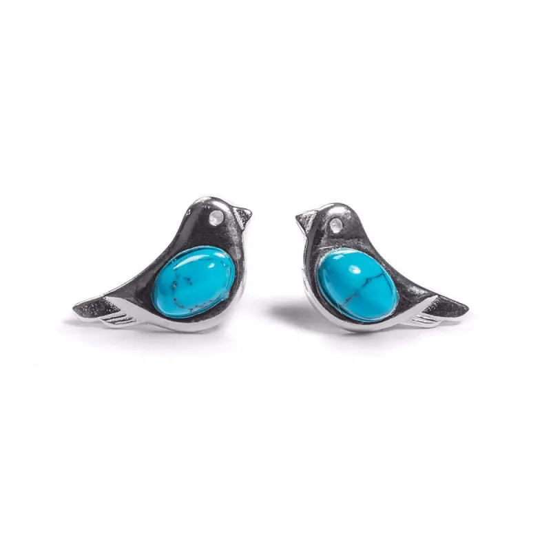 Bird Stud Earrings in Silver and Turquoise made by Henryka