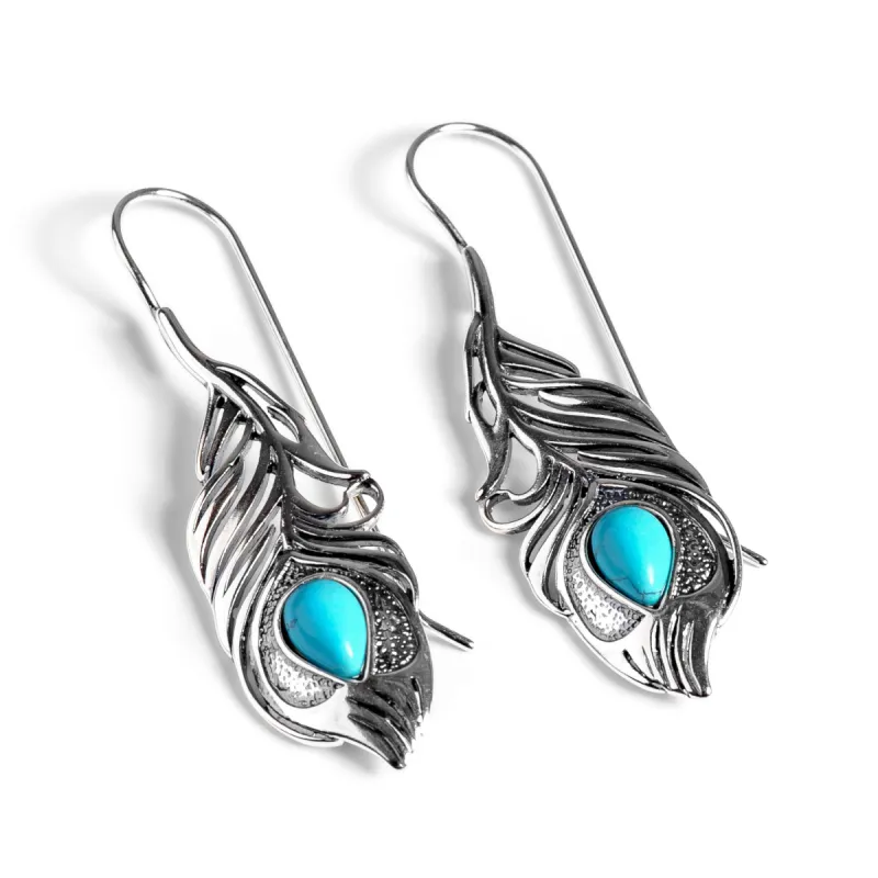 Peacock Feather Hook Earrings in Silver and Turquoise sold by Henryka