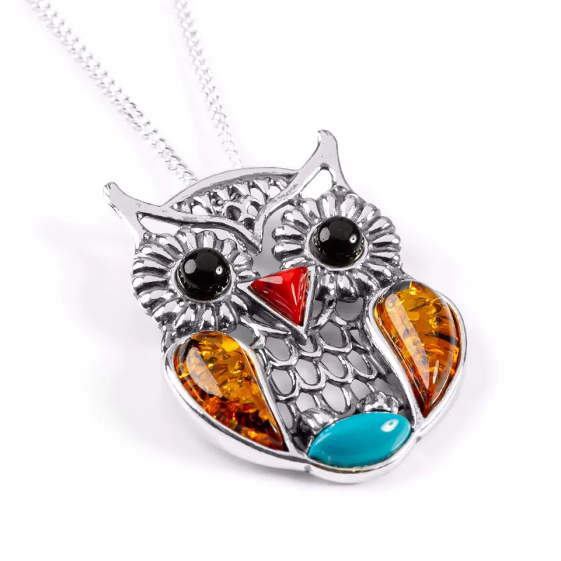 Feathered Owl Necklace in Silver, Turquoise and Amber sold by Henryka