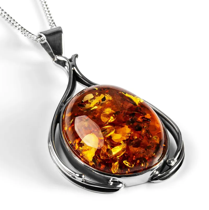 Fabulous Cognac Amber and Silver Necklace - Natural Designer Gemstone sold by Henryka