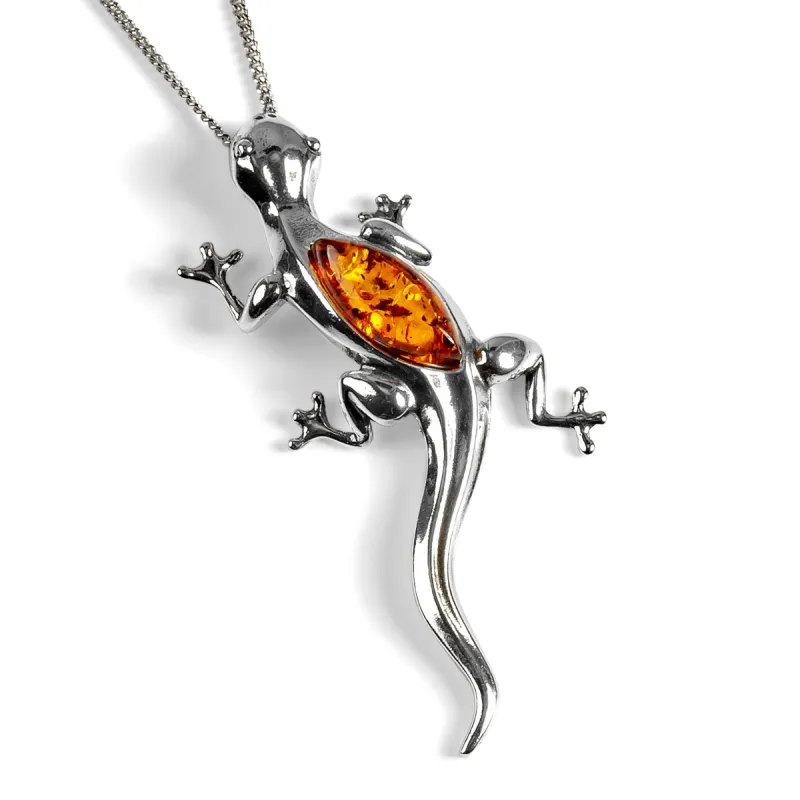 Large Lizard Gecko Necklace in Silver and Cognac Amber sold by Henryka
