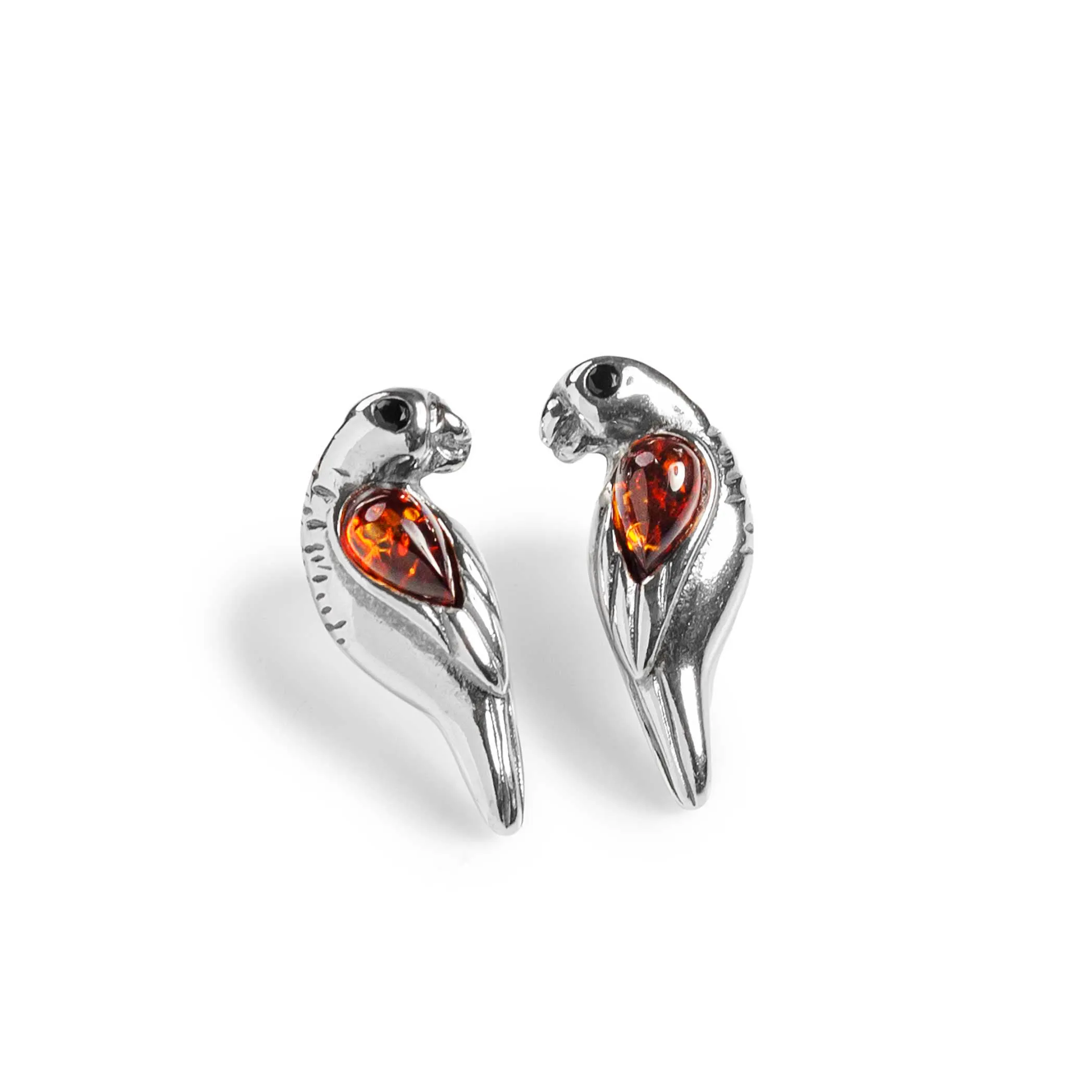 Parrot Stud Earrings in Silver and Cognac Amber sold by Henryka