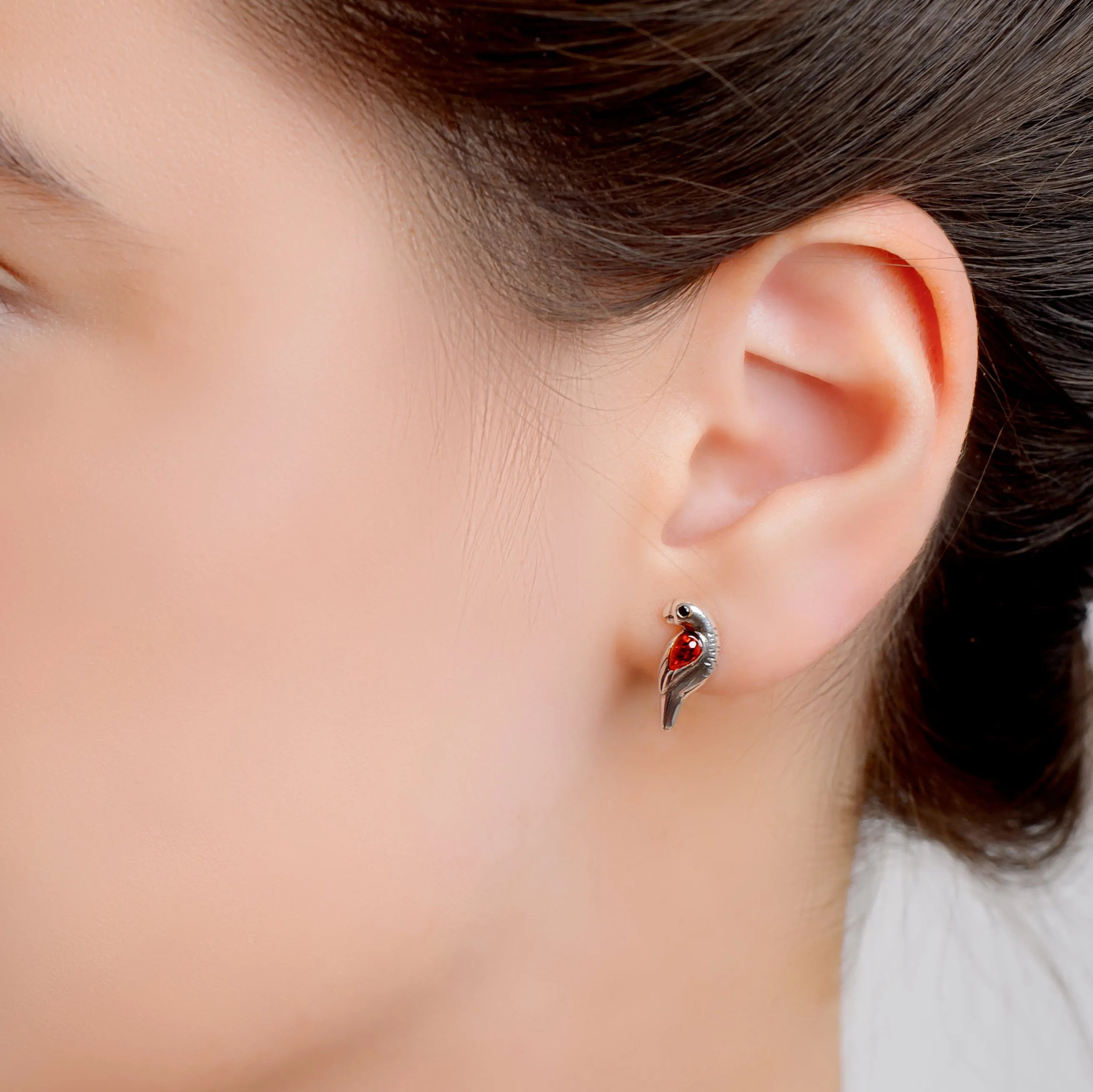 Parrot Stud Earrings in Silver and Cognac Amber sold by Henryka product image thumbnail 2