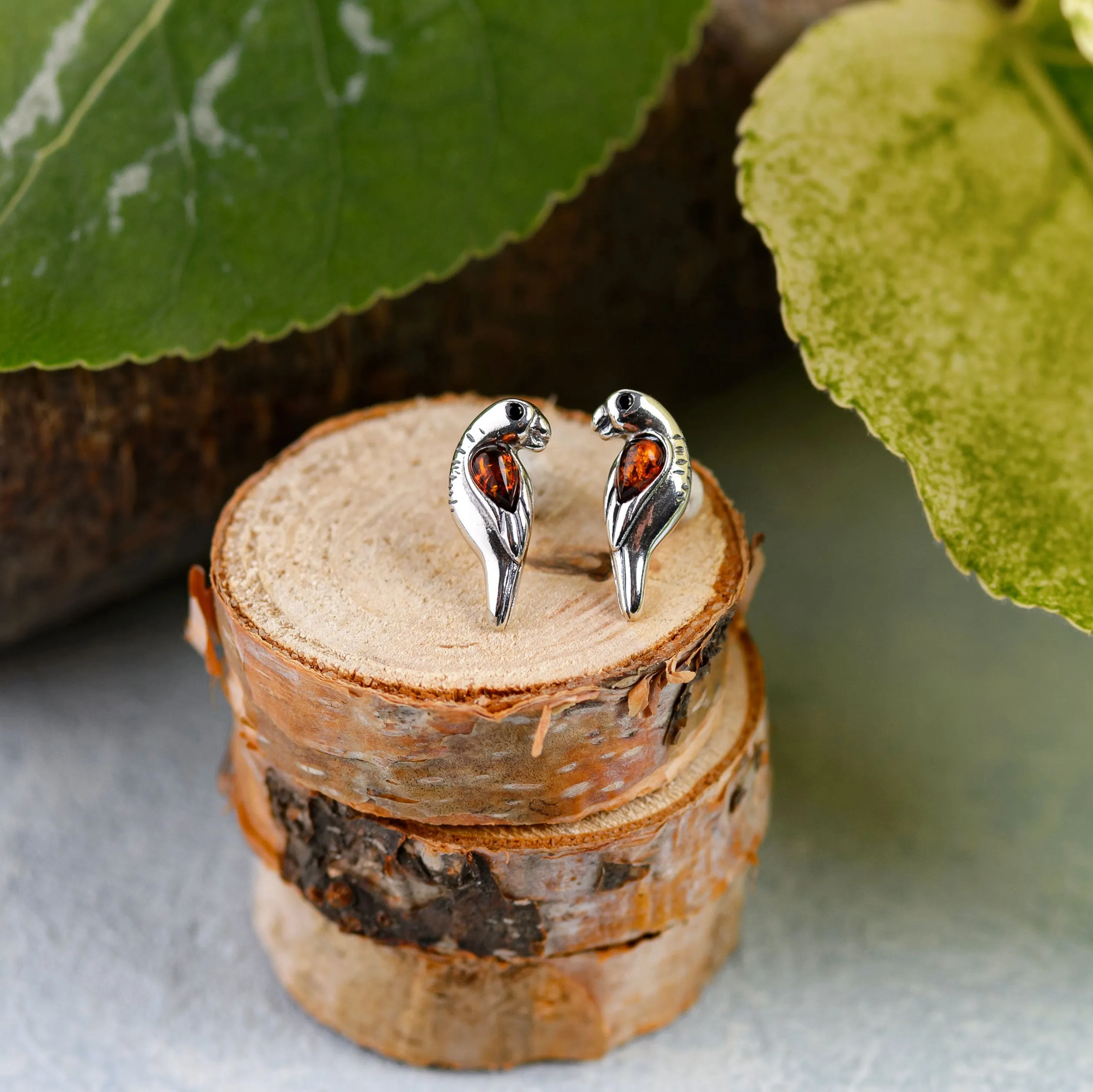 Parrot Stud Earrings in Silver and Cognac Amber sold by Henryka product image thumbnail 4