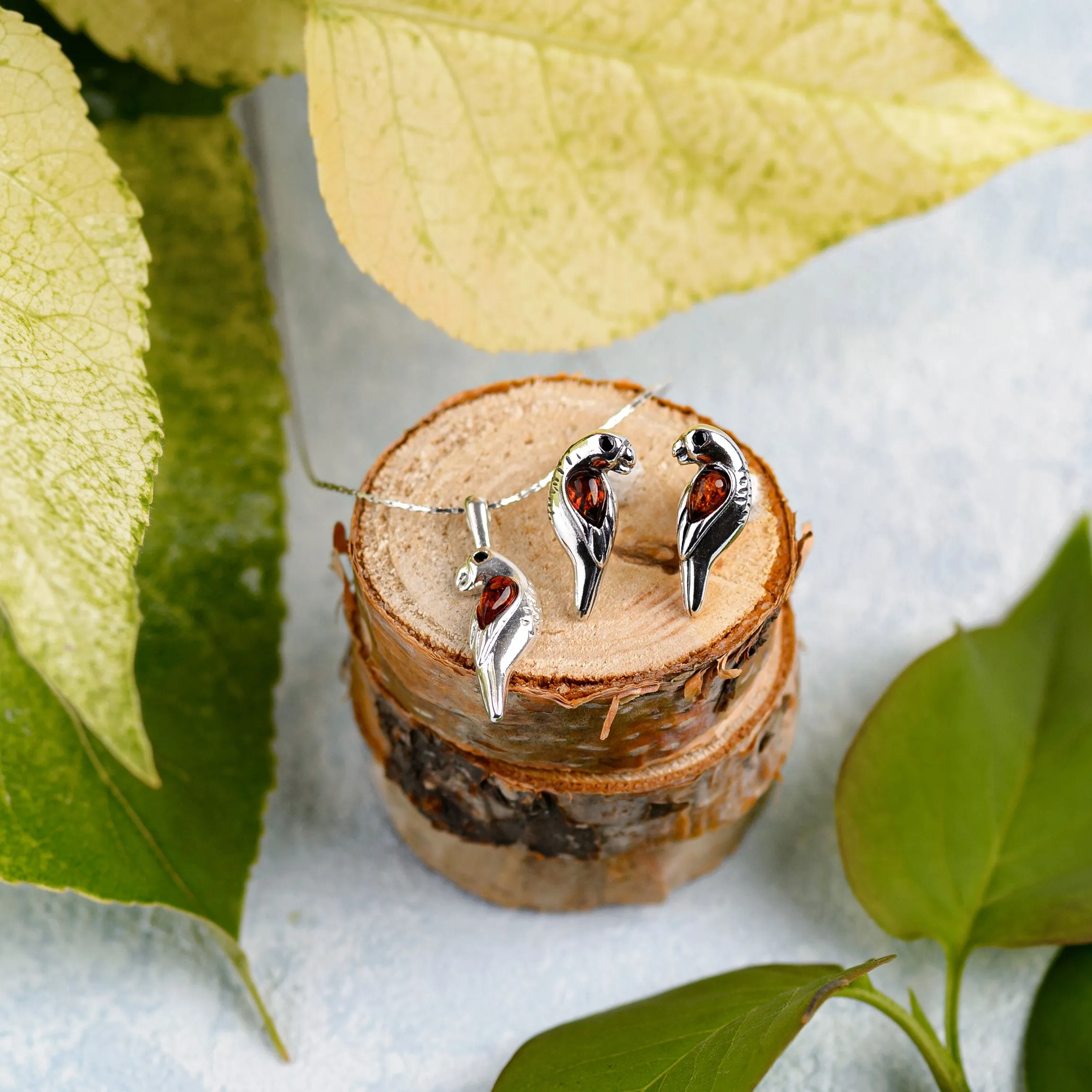 Parrot Stud Earrings in Silver and Cognac Amber sold by Henryka product image thumbnail 5