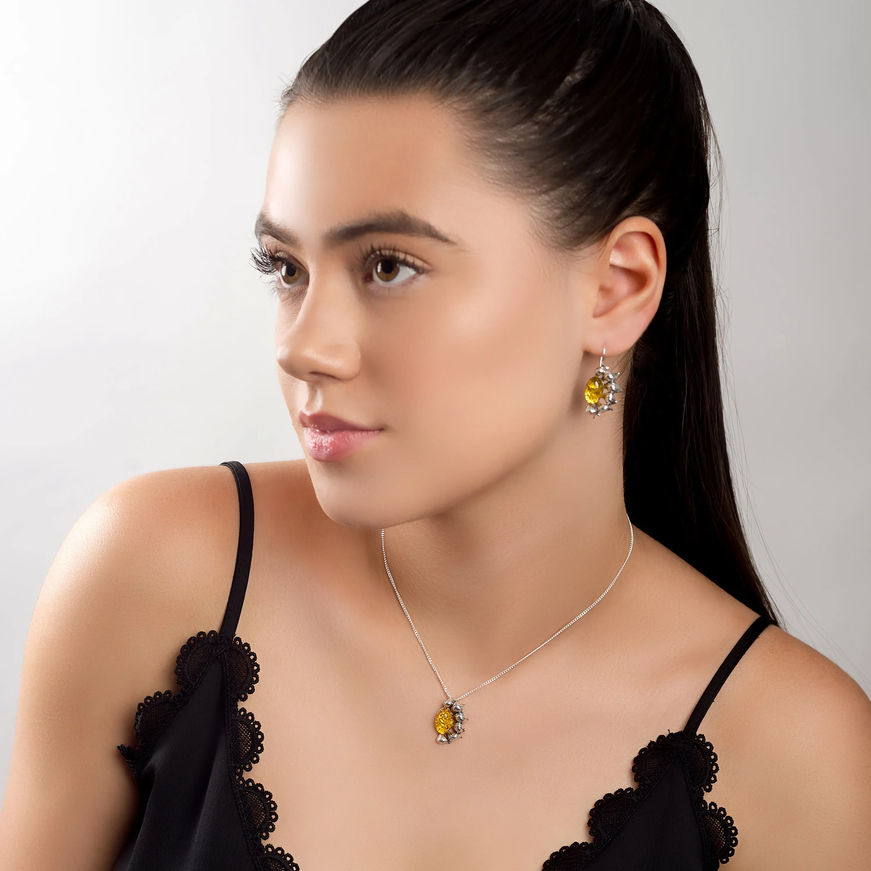 Ready to Bloom Sunflower Necklace in Silver and Yellow Amber sold by Henryka product image thumbnail 3