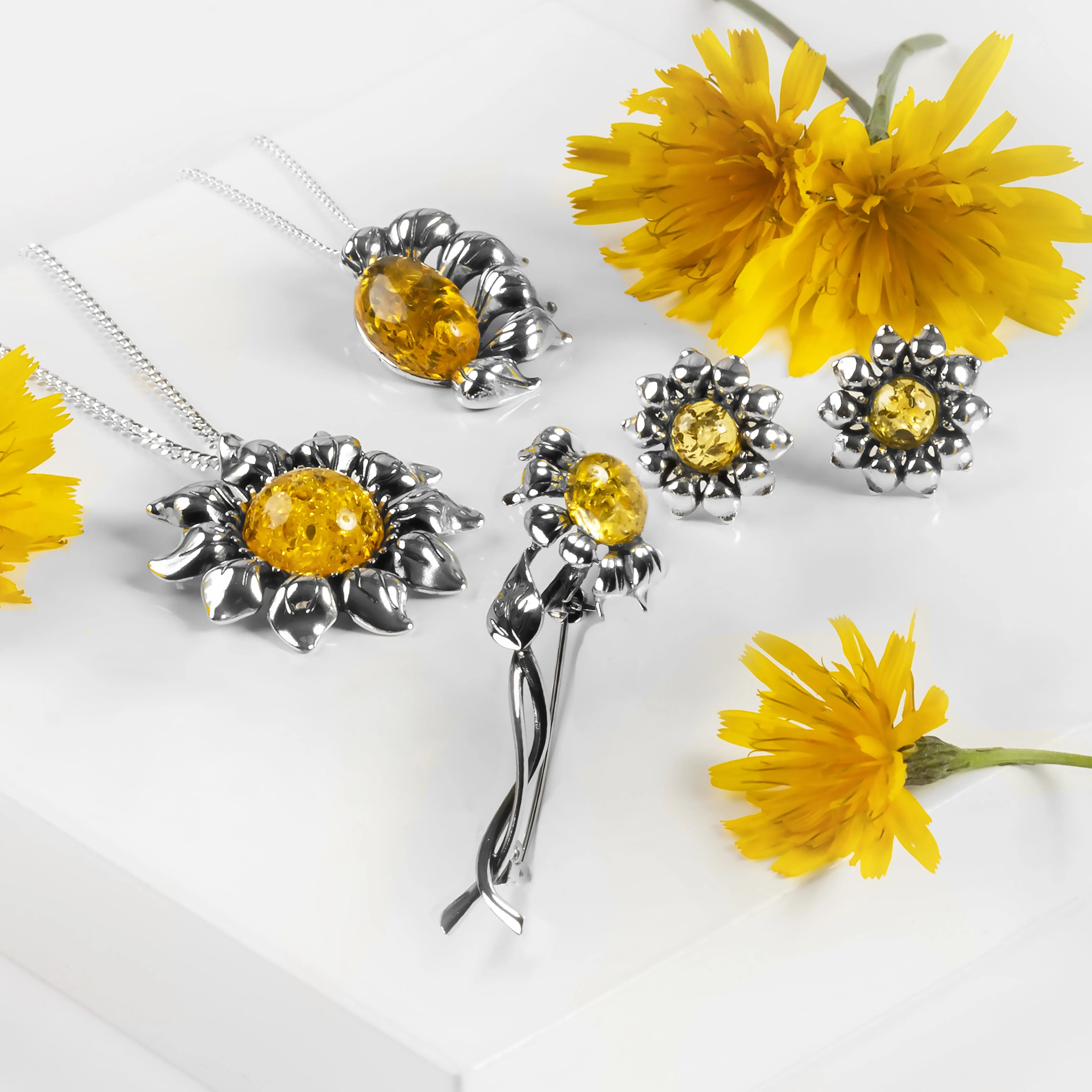 Ready to Bloom Sunflower Necklace in Silver and Yellow Amber sold by Henryka product image thumbnail 5