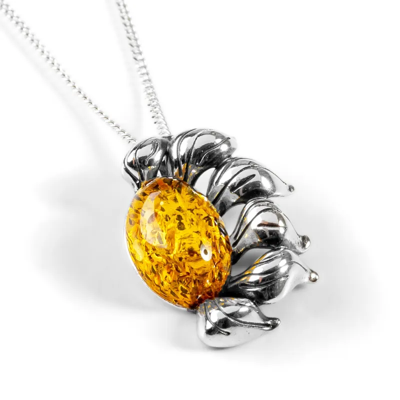 Ready to Bloom Sunflower Necklace in Silver and Yellow Amber sold by Henryka
