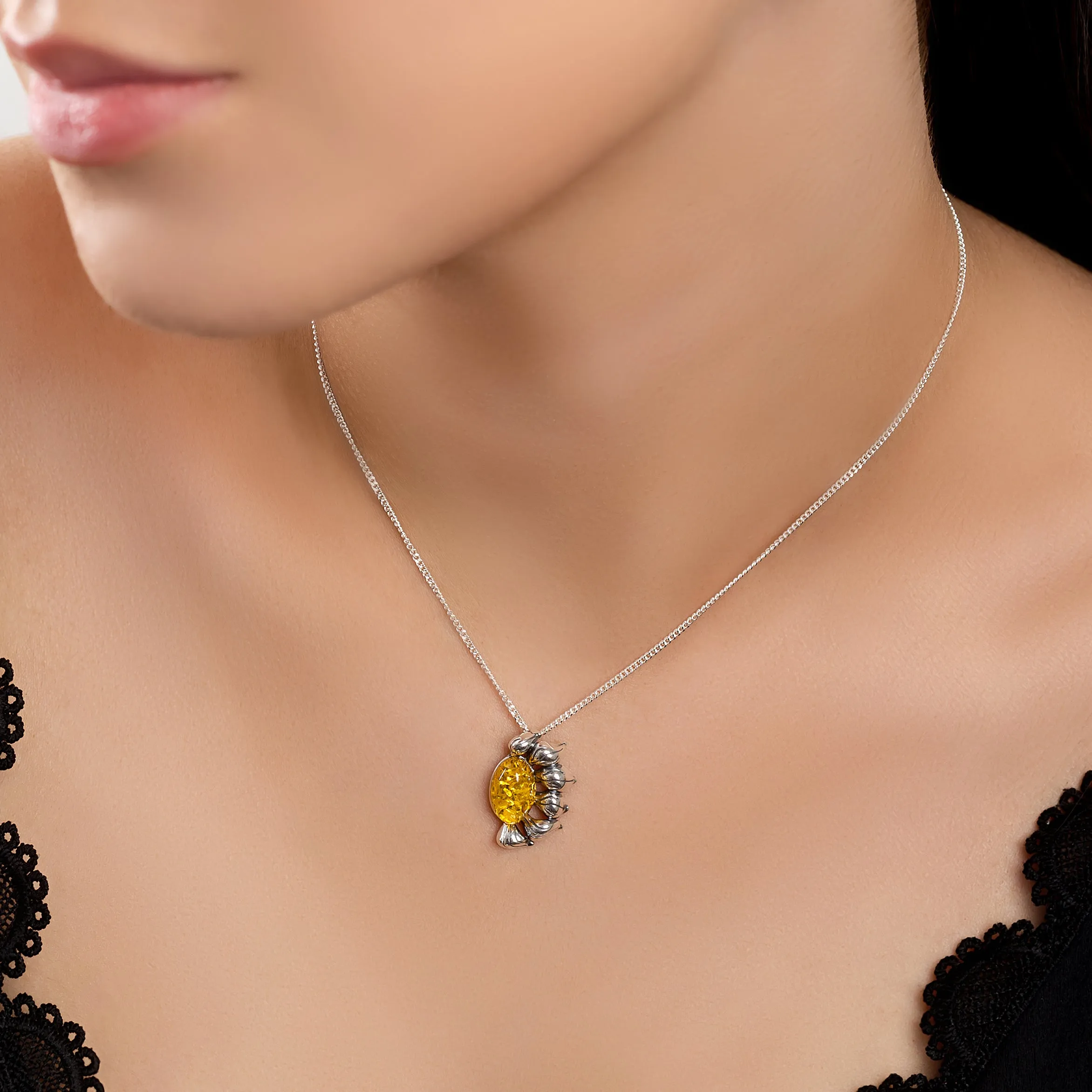 Ready to Bloom Sunflower Necklace in Silver and Yellow Amber sold by Henryka product image thumbnail 2