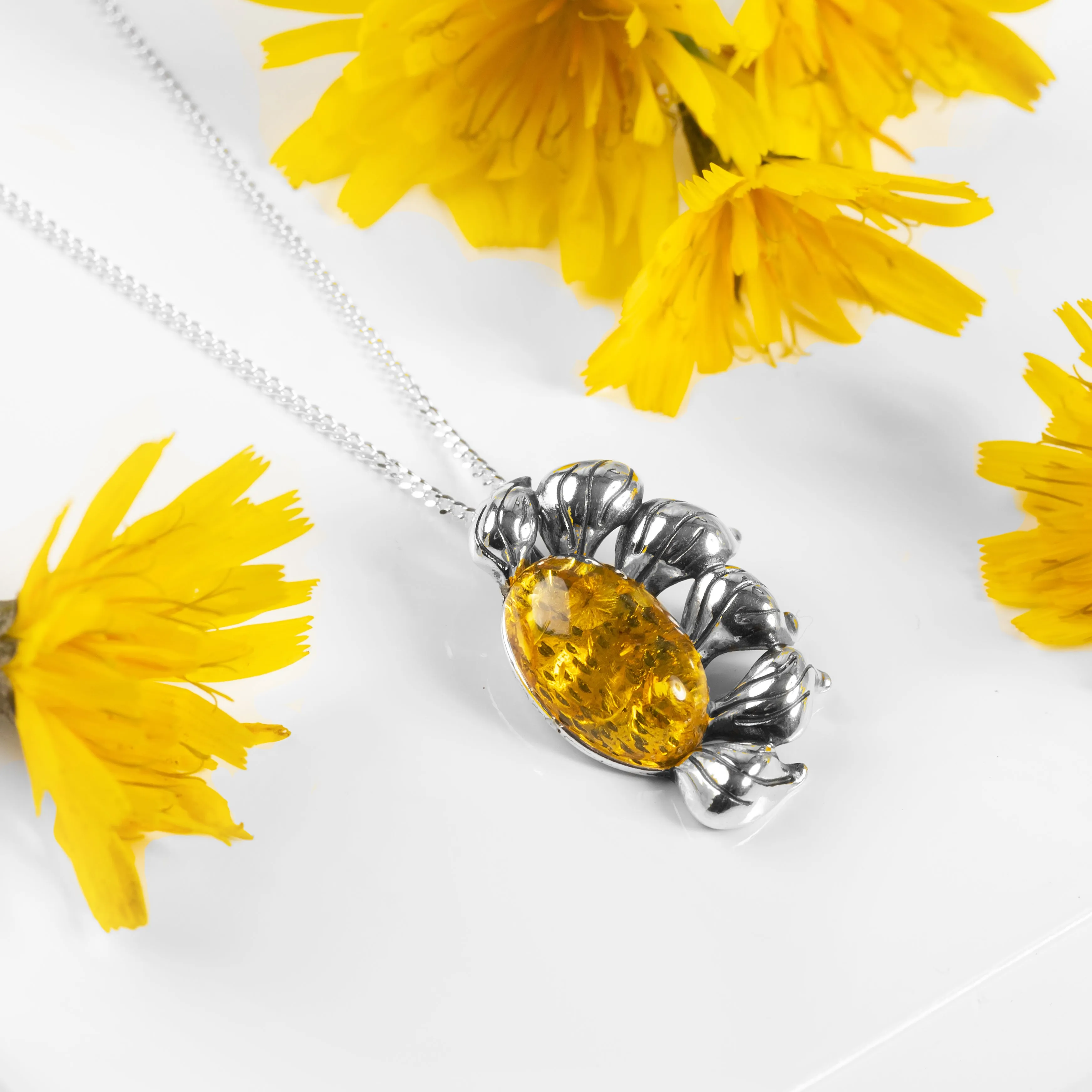 Ready to Bloom Sunflower Necklace in Silver and Yellow Amber sold by Henryka product image thumbnail 4